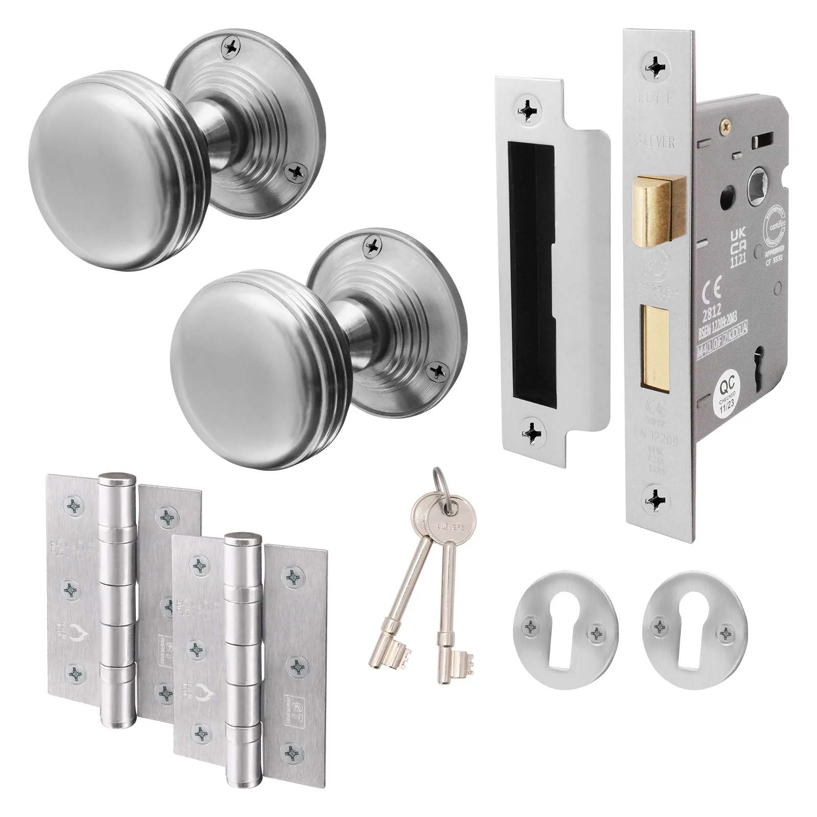 Victorian Ringed Satin Chrome Mortice Door Knob Kit - 80mm Sashlock - 76mm Hinges