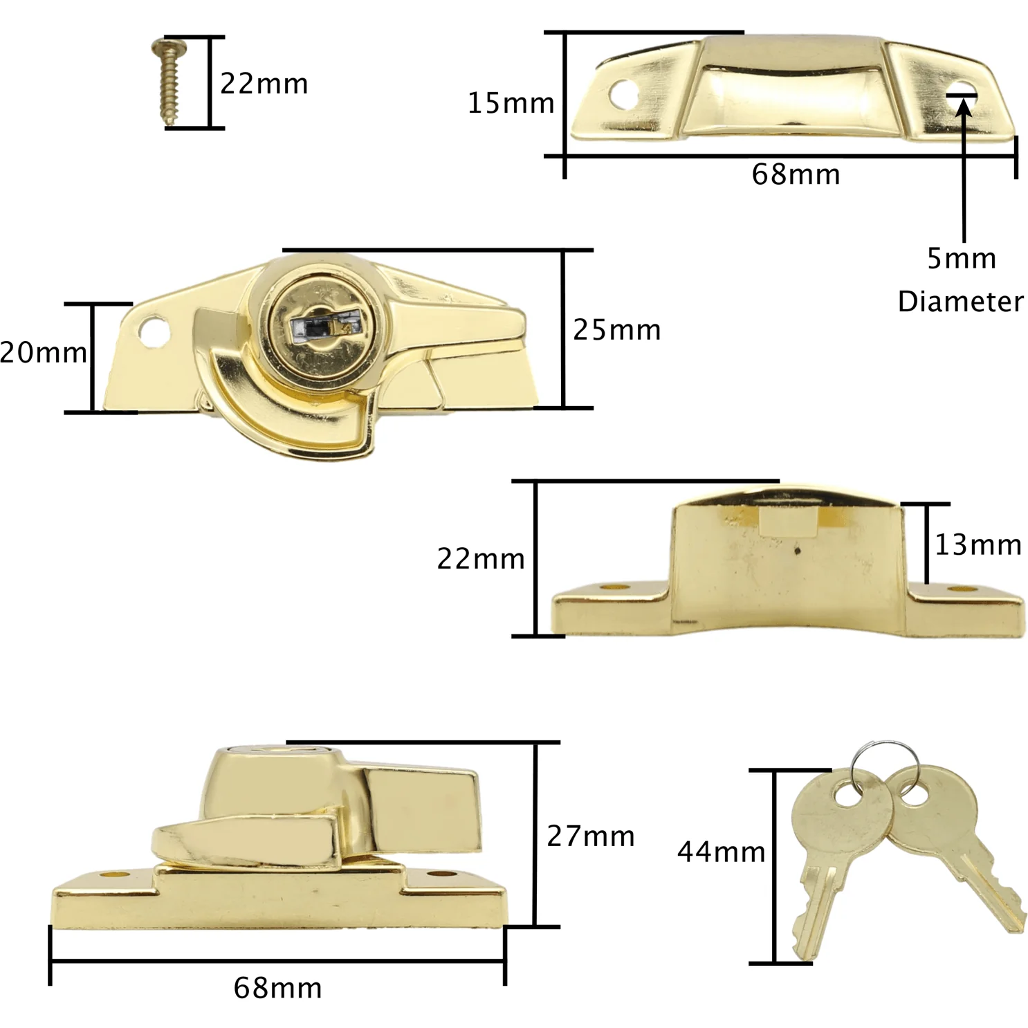 Locking Sash Window Fastener - 68 x 27 x 25mm - Brass Plated - Image 2