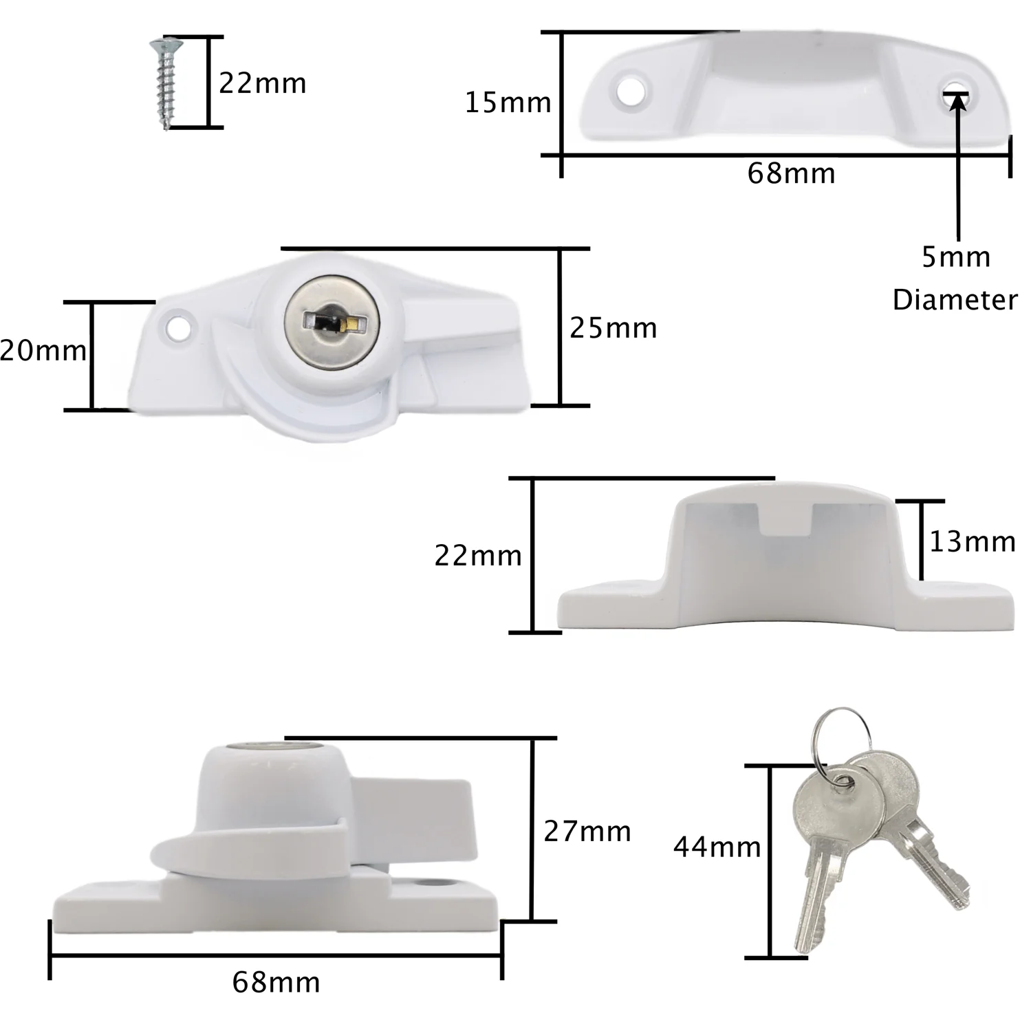 Locking Sash Window Fastener - 68 x 27 x 25mm - White - Image 5