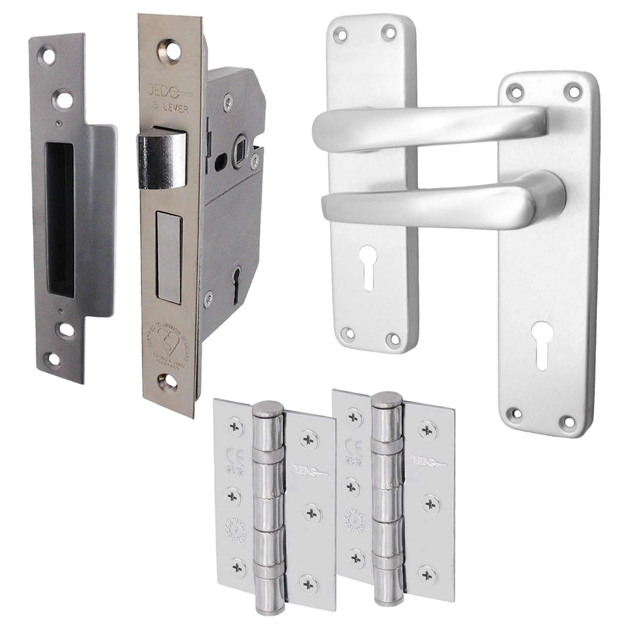 London Lever Door Handle 5 Lever Lock Kit / Pack - 153 x 40mm - 66mm Sash Lock & 76mm Hinges- Satin Aluminium