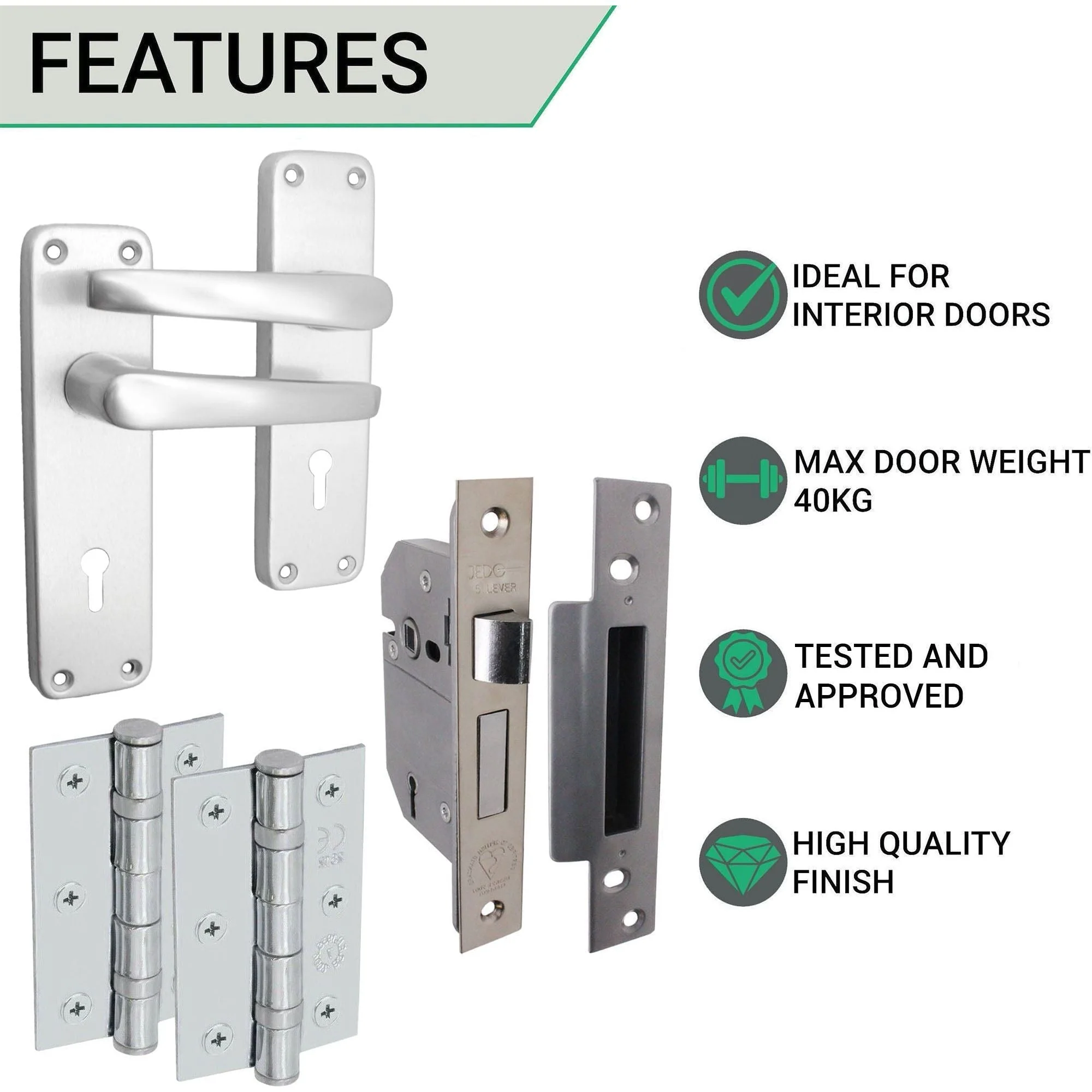 London Lever Door Handle 5 Lever Lock Kit / Pack - 153 x 40mm - 66mm Sash Lock & 76mm Hinges- Satin Aluminium - Image 3