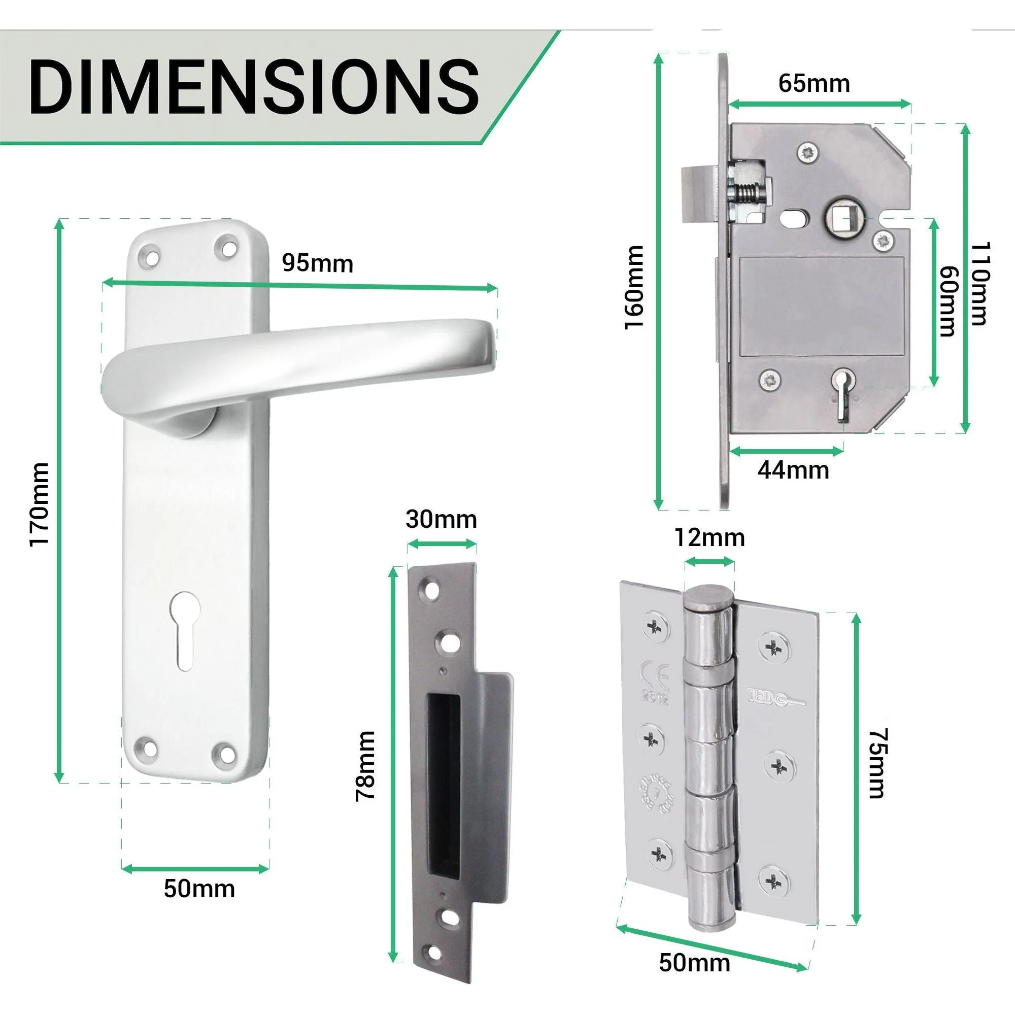 London Lever Door Handle 5 Lever Lock Kit / Pack - 153 x 40mm - 66mm Sash Lock & 76mm Hinges- Satin Aluminium - Image 4