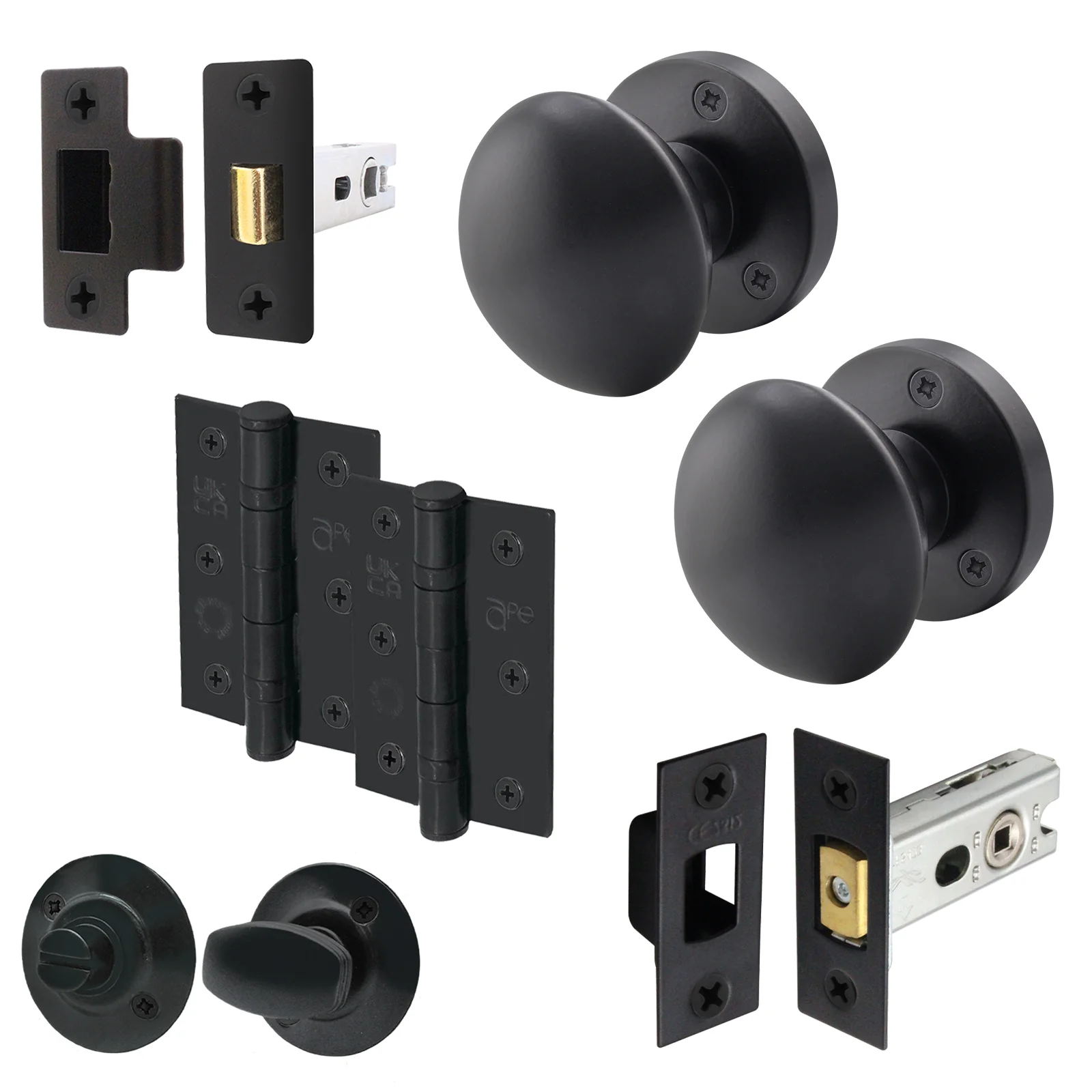 Victorian Black Mortice Door Knob Kit - 76mm Bathroom Deadbolt & 76mm Hinges