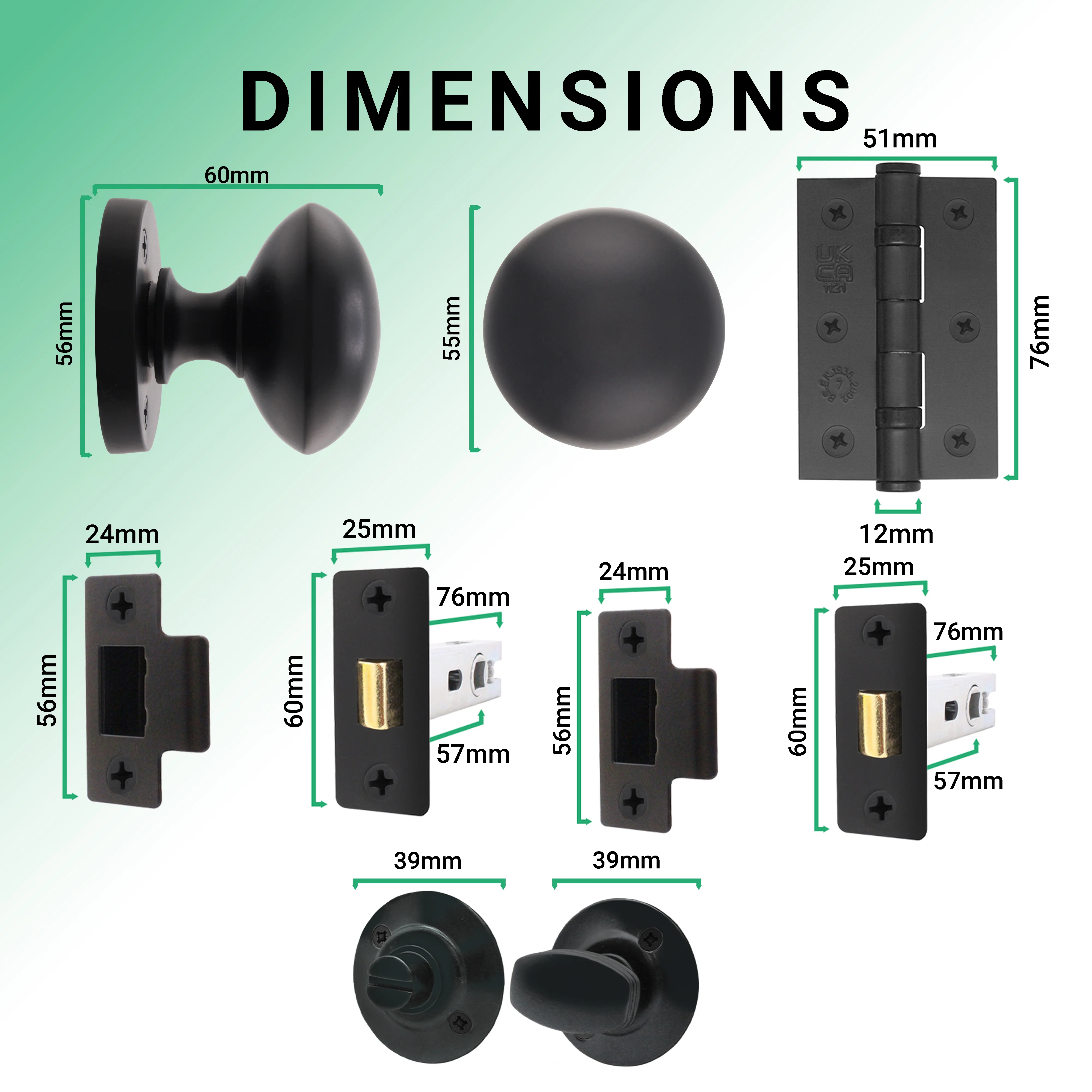 Victorian Black Mortice Door Knob Kit - 76mm Bathroom Deadbolt & 76mm Hinges - Image 3