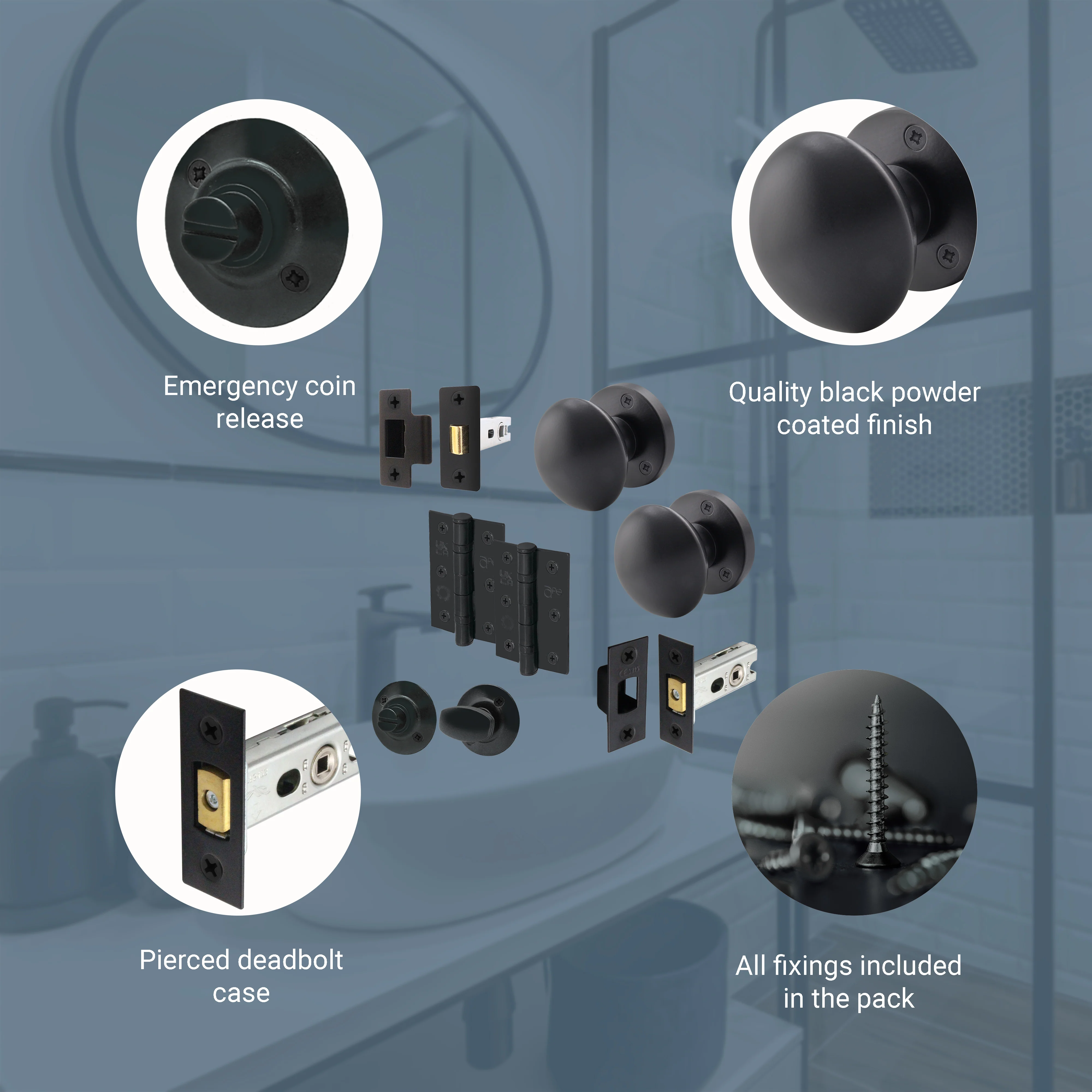 Victorian Black Mortice Door Knob Kit - 76mm Bathroom Deadbolt & 76mm Hinges - Image 4