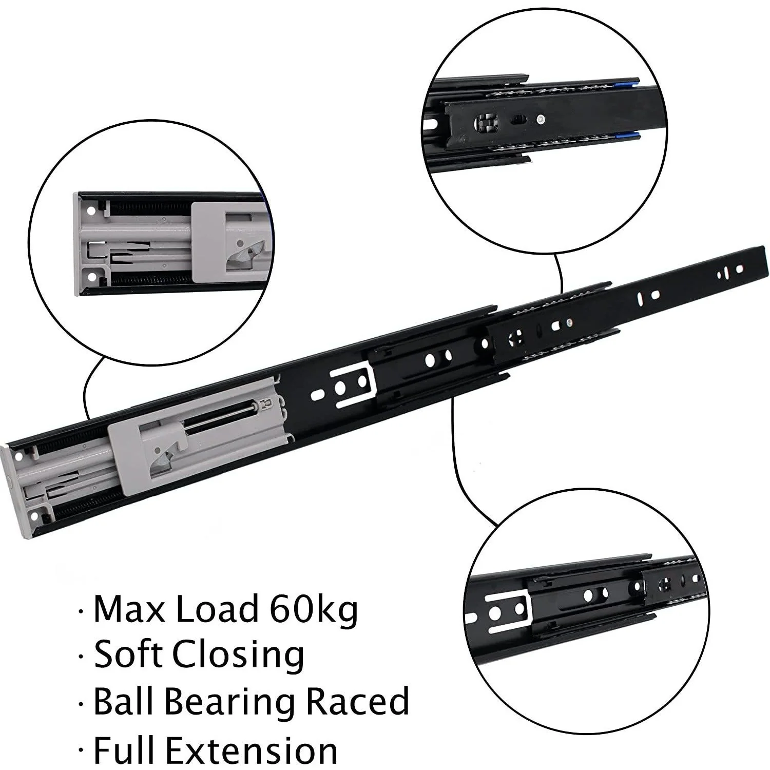 Metal Ball Bearing Drawer Runner Soft Closing & Full Extension Black - 250mm x 45mm - Image 3