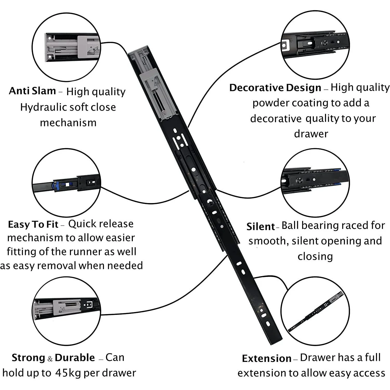 Metal Ball Bearing Drawer Runner Soft Closing & Full Extension Black - 350mm x 45mm - Image 5