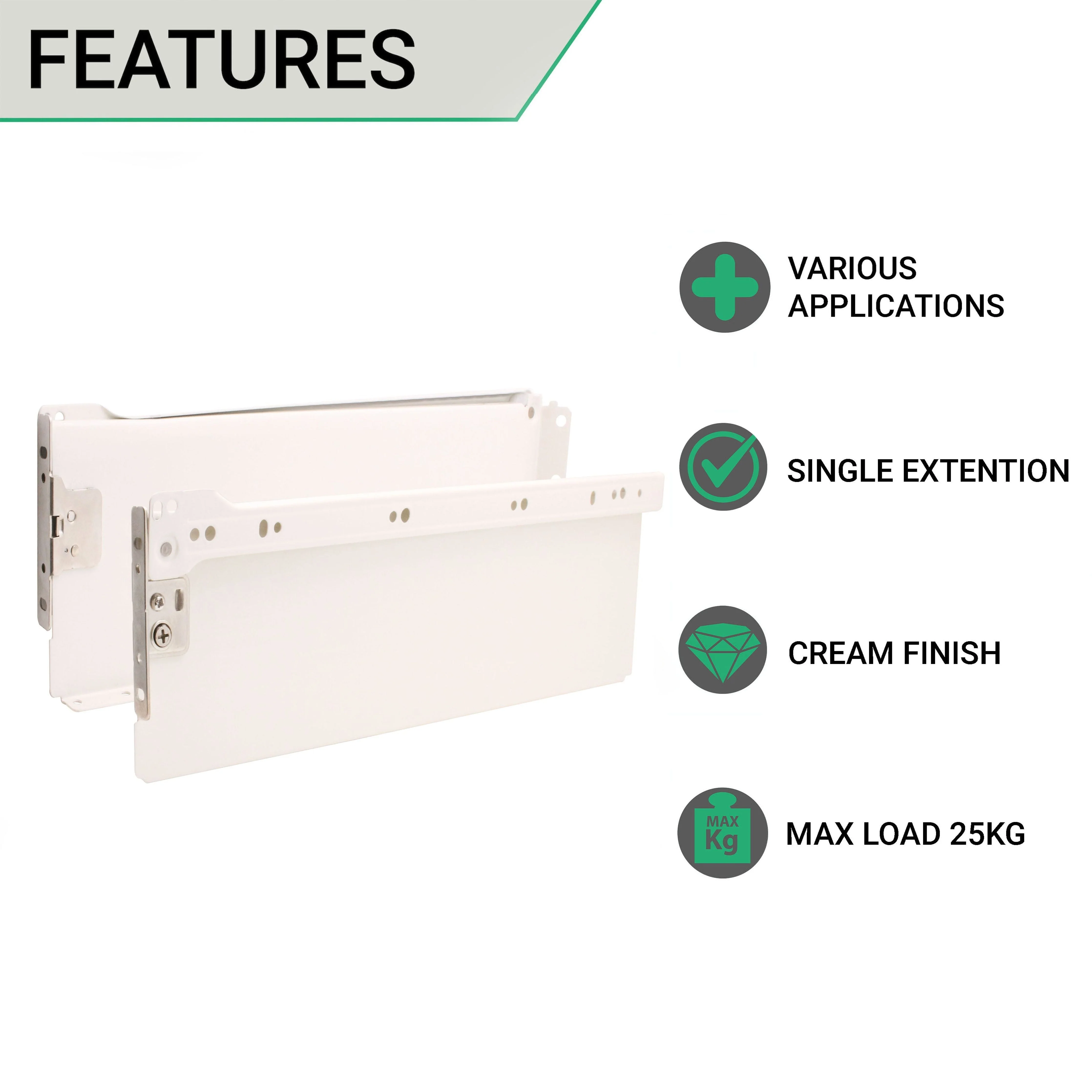 Metal Drawer Box Side Pack 30kg H85 x L400mm Ext 75% Cream - Image 2