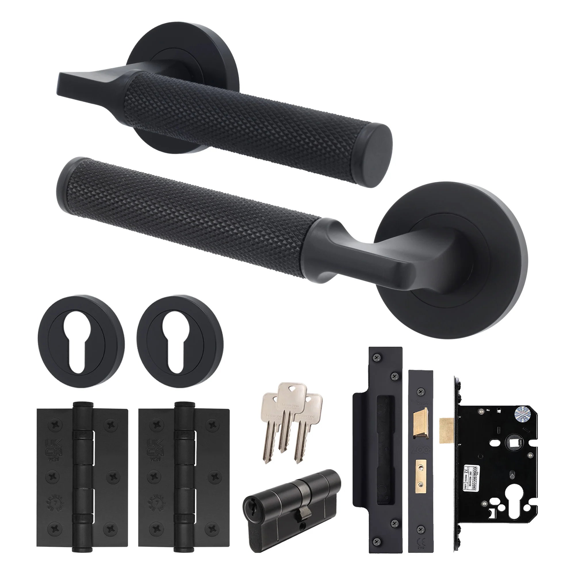 Mode-Grip Black Lever on Rose Door Handle Pack - Euro Lock & Cylinder