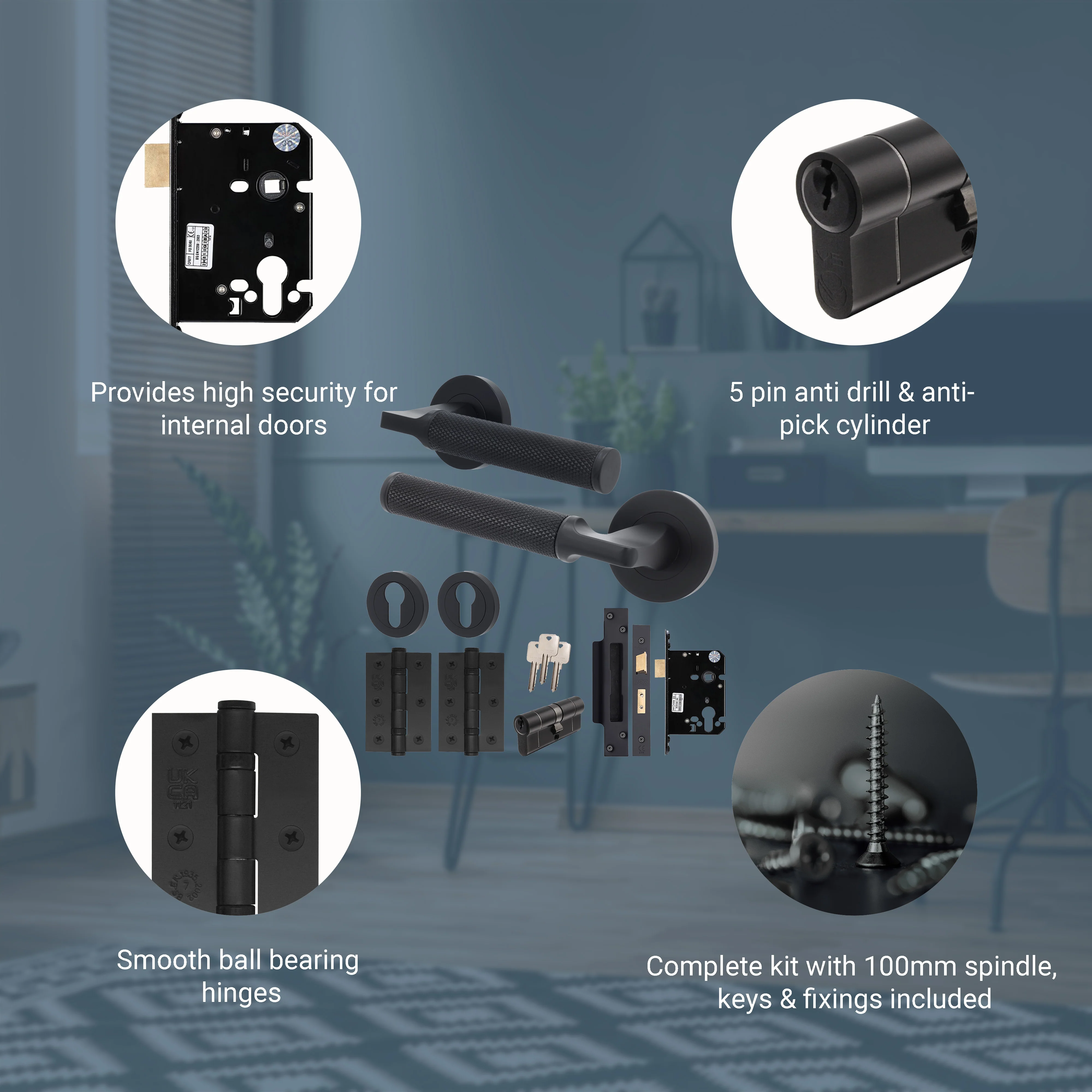 Mode-Grip Black Lever on Rose Door Handle Pack - Euro Lock & Cylinder - Image 3