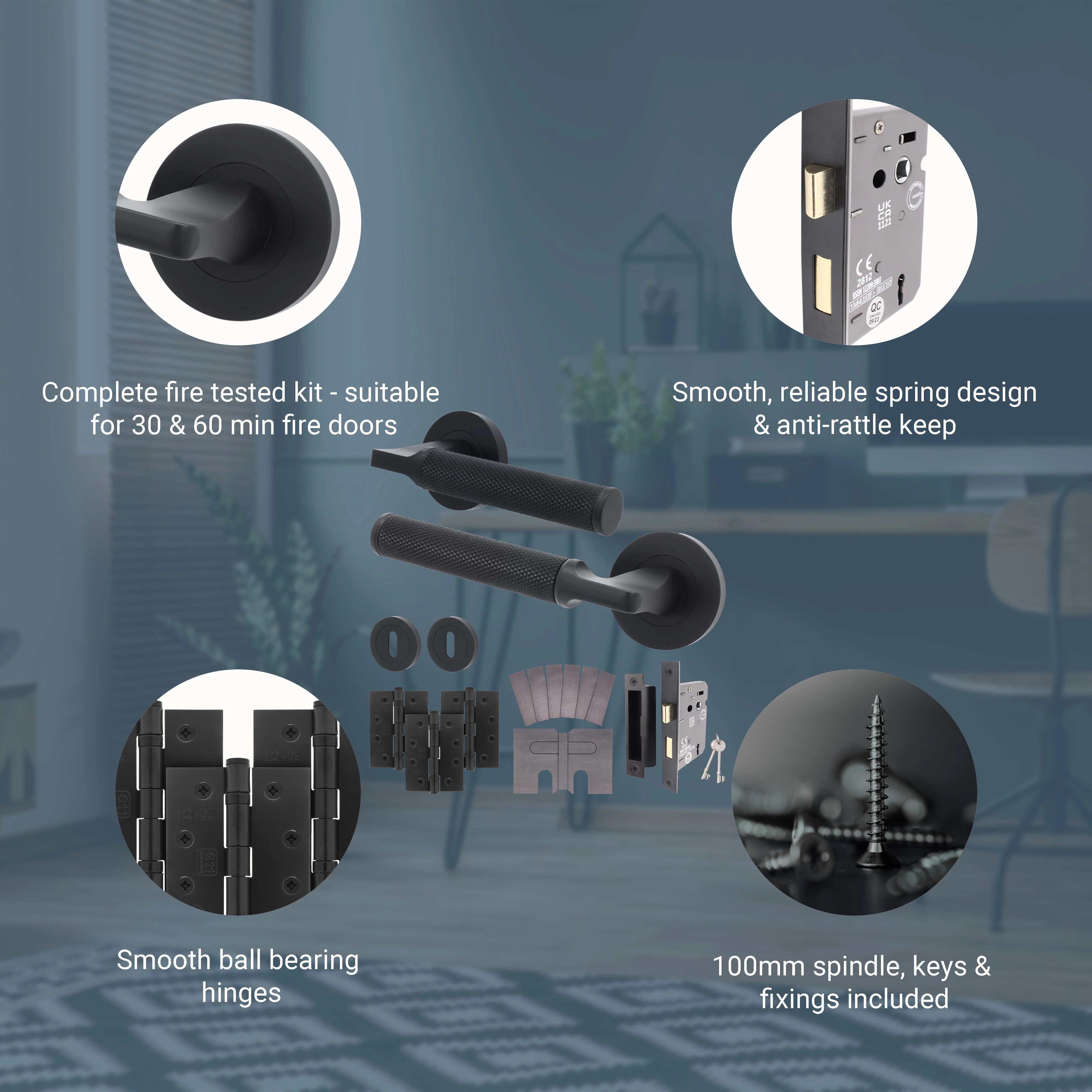 Mode-Grip Black Lever on Rose Fire Door Handle Pack - 3 Lever Lock - FD30/60 - Image 3