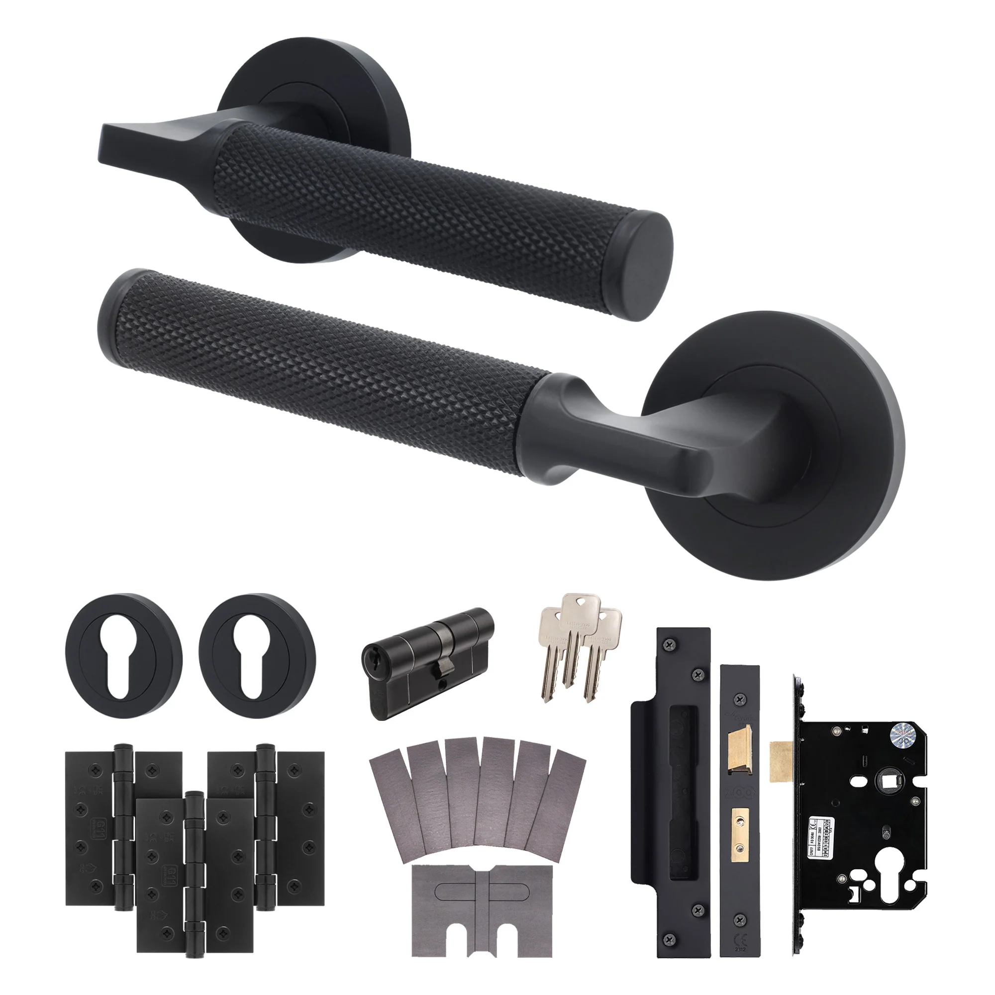 Mode-Grip Black Lever on Rose Fire Door Handle Pack - 3 Lever Lock & Cylinder - FD30/60