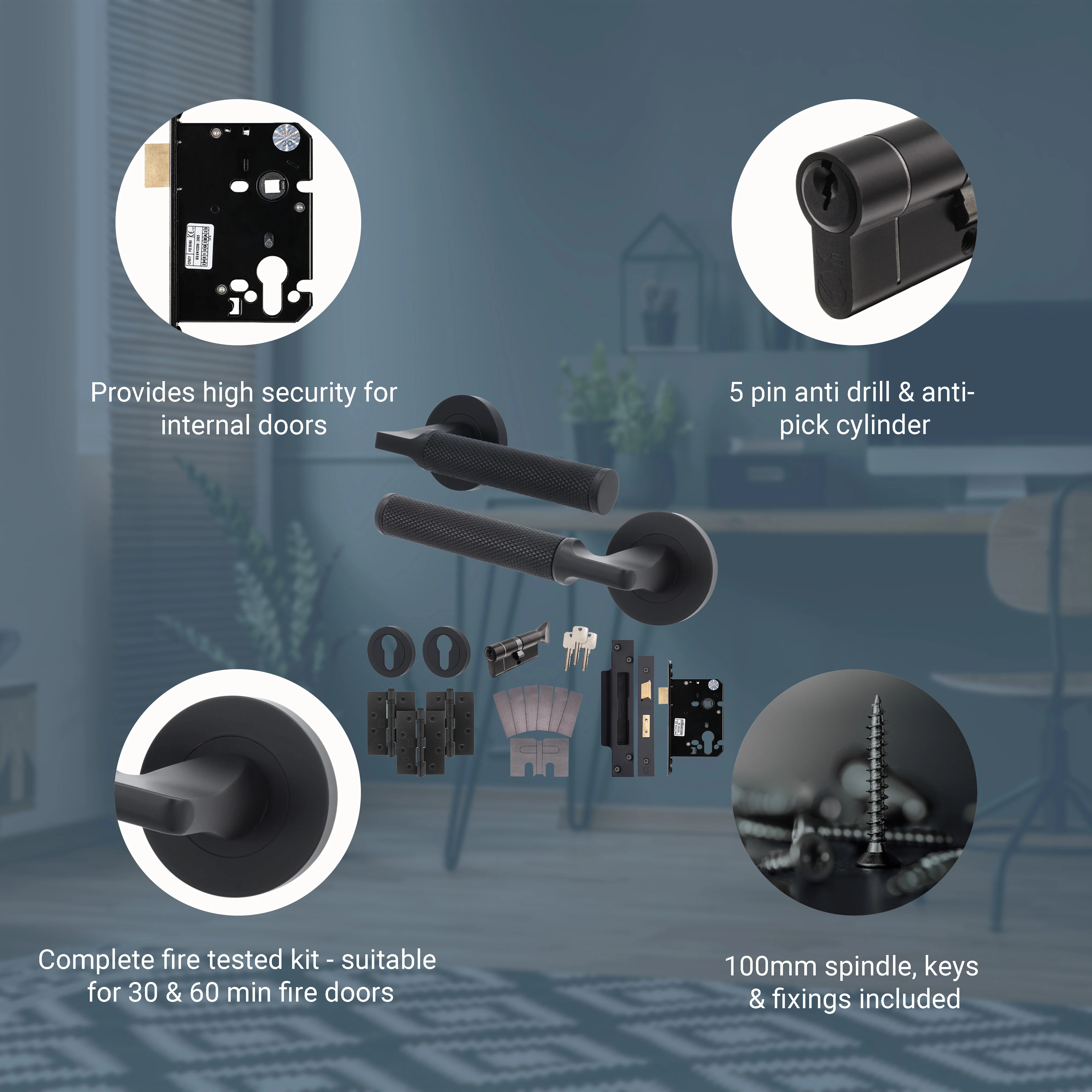 Mode-Grip Black Lever on Rose Fire Door Handle Pack - Euro Lock & Thumbturn Cylinder - FD30/60 - Keyed to Differ - Image 3