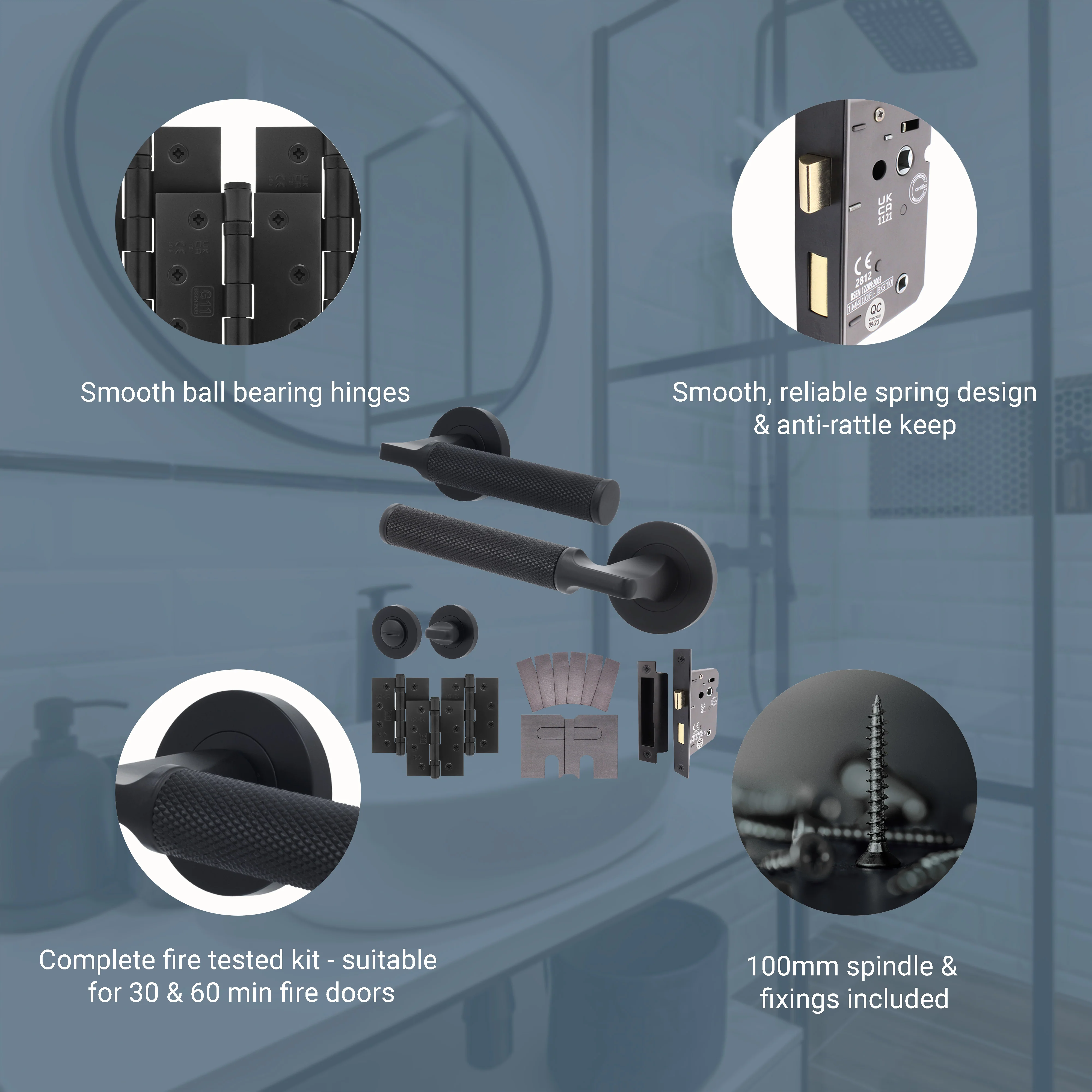 Mode-Grip Black Lever on Rose Fire Door Handle Pack - Bathroom - FD30/60 - Image 3