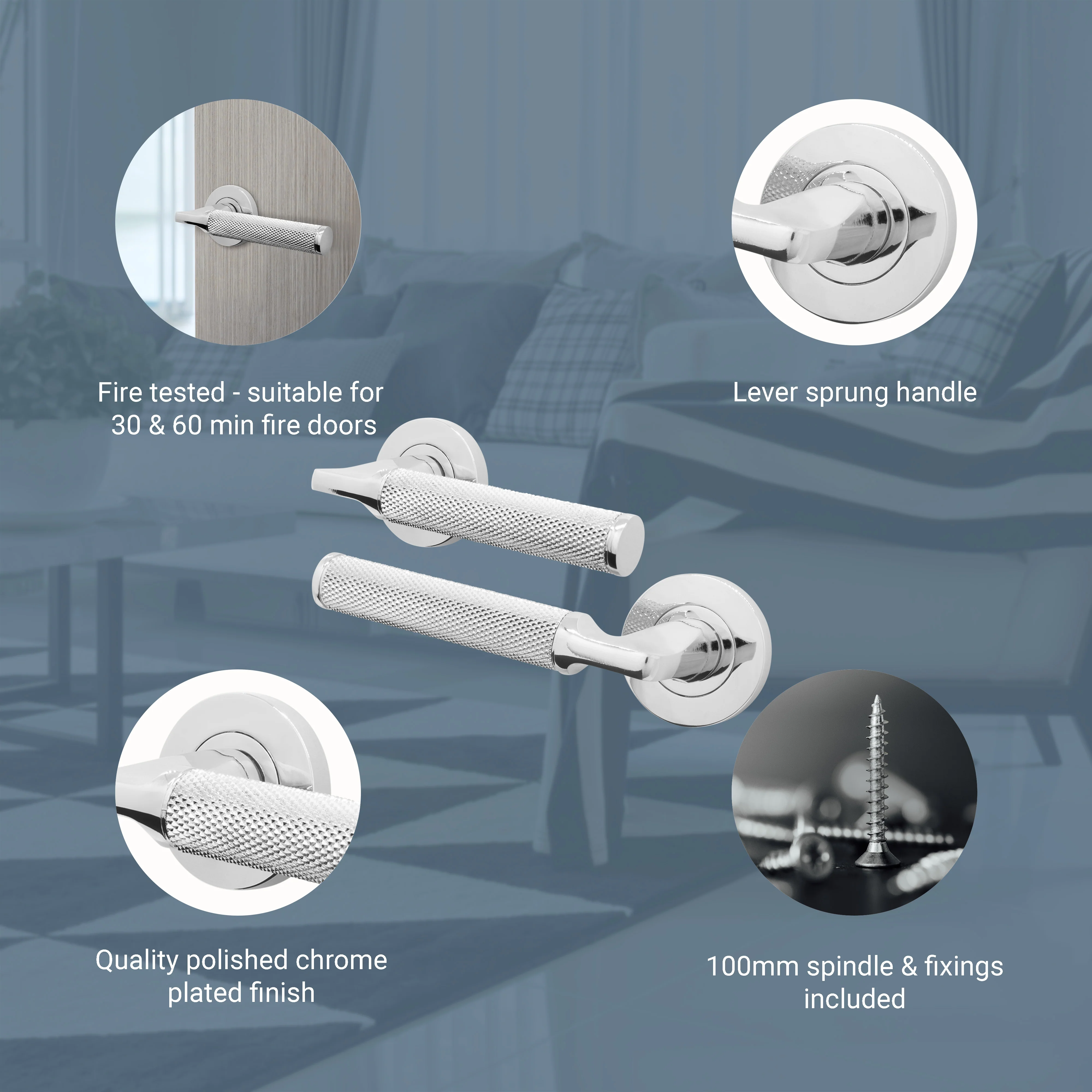 Mode-Grip Fire Door Handle on Rose - Polished Chrome - FD30/60 - Image 3