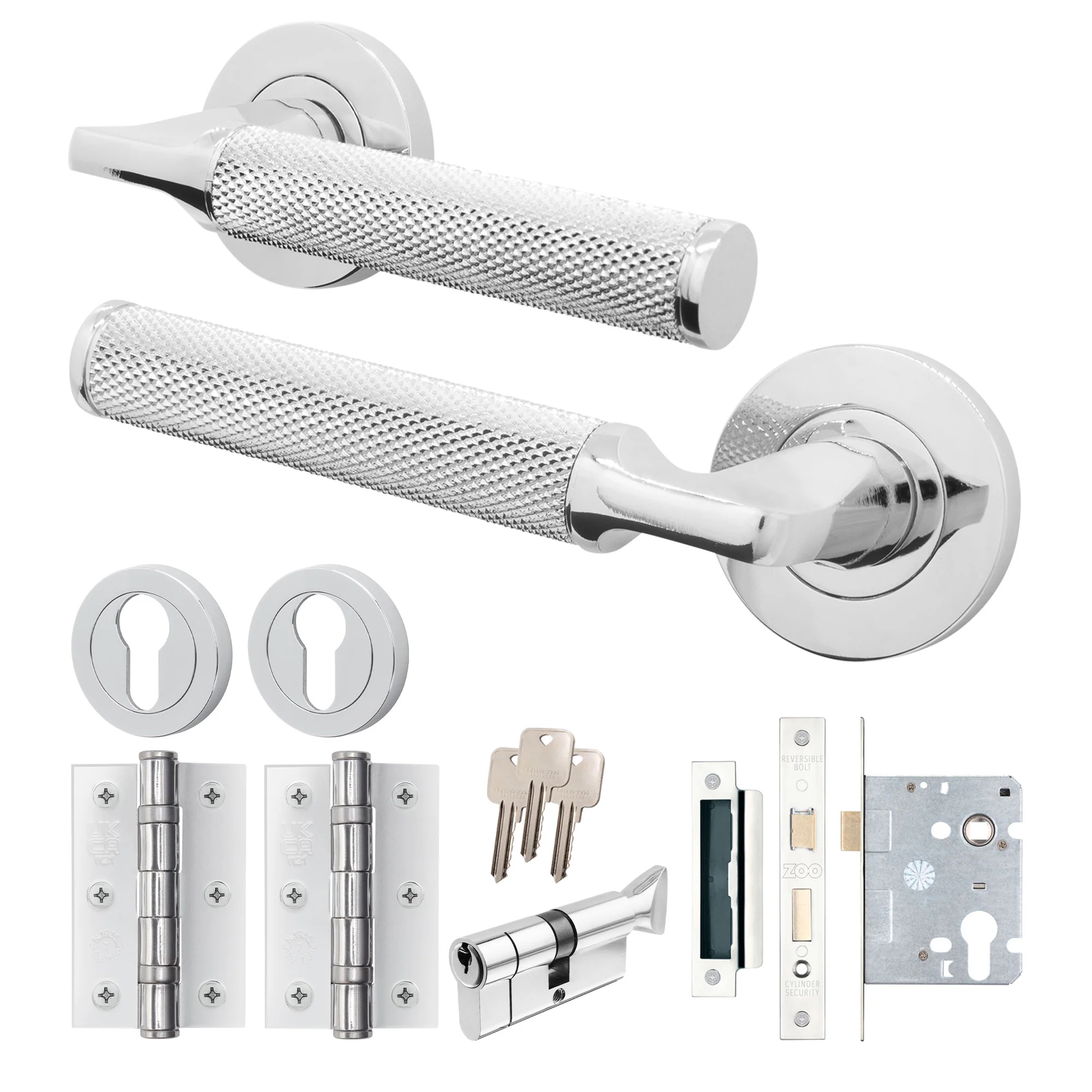 Mode-Grip Polished Chrome Lever on Rose Door Handle Pack - Euro Lock & Thumbturn Cylinder