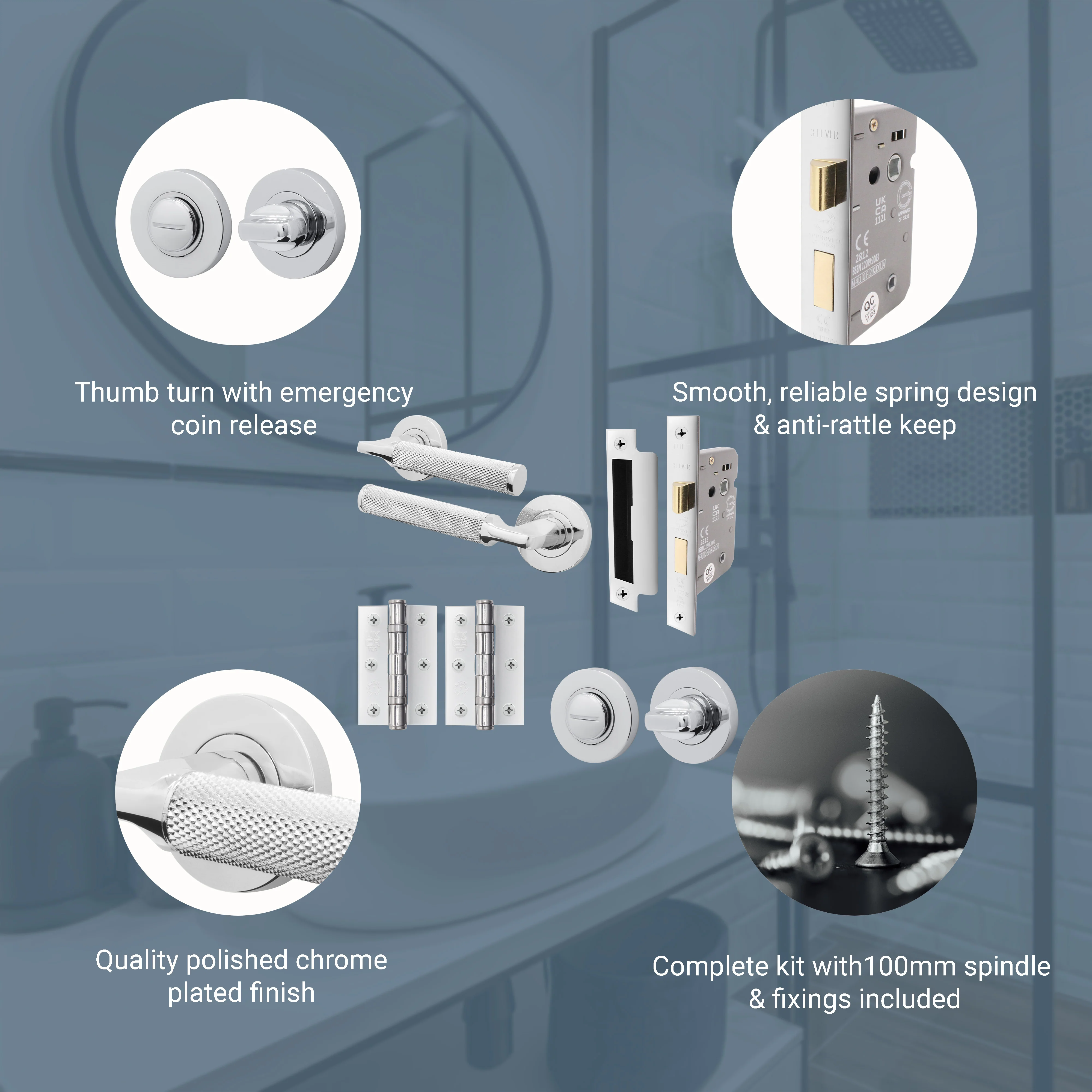 Mode-Grip Polished Chrome Lever on Rose Door Handle Pack - Bathroom - Image 3