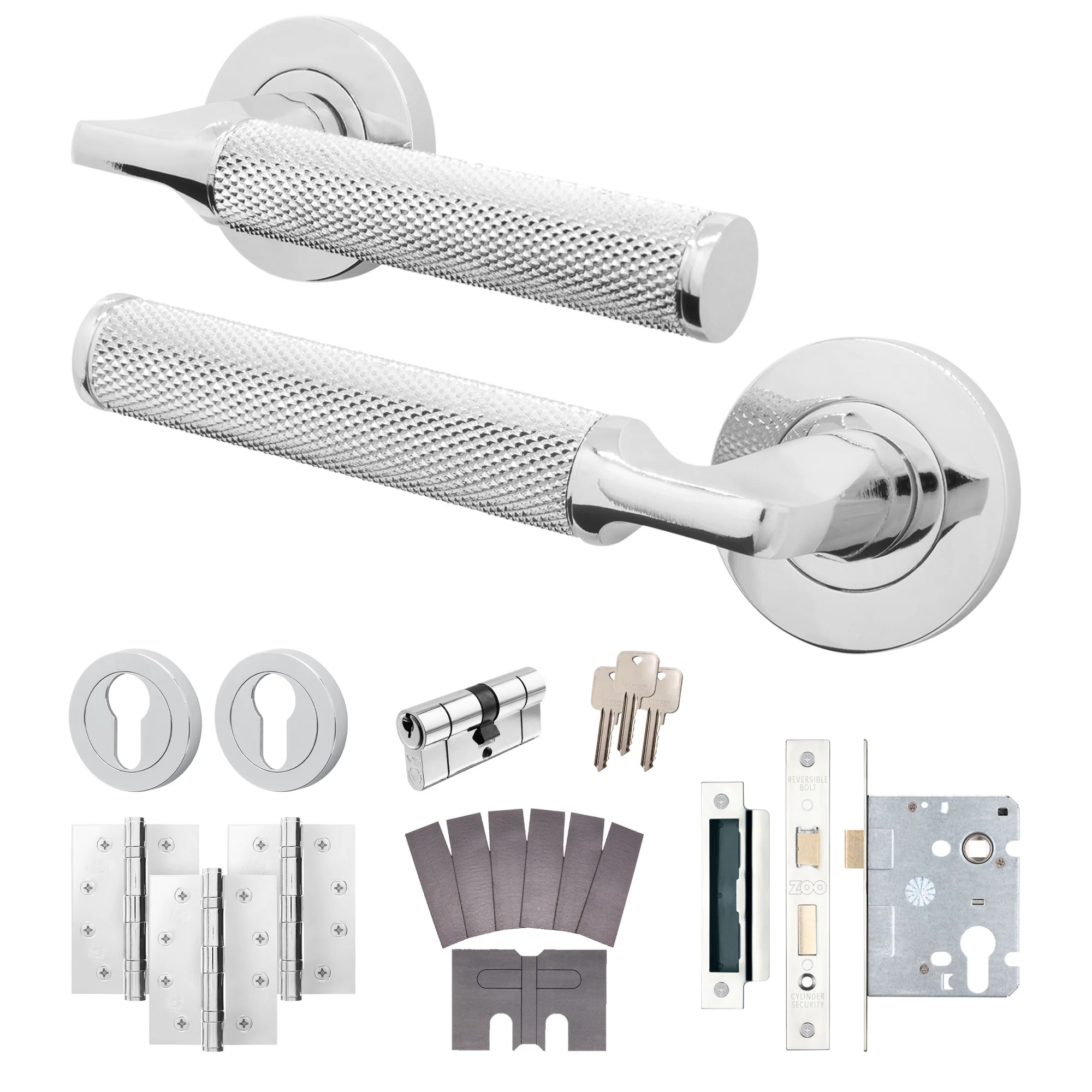 Mode-Grip Polished Chrome Lever on Rose Fire Door Handle Pack - Euro Lock & Cylinder - FD30/60