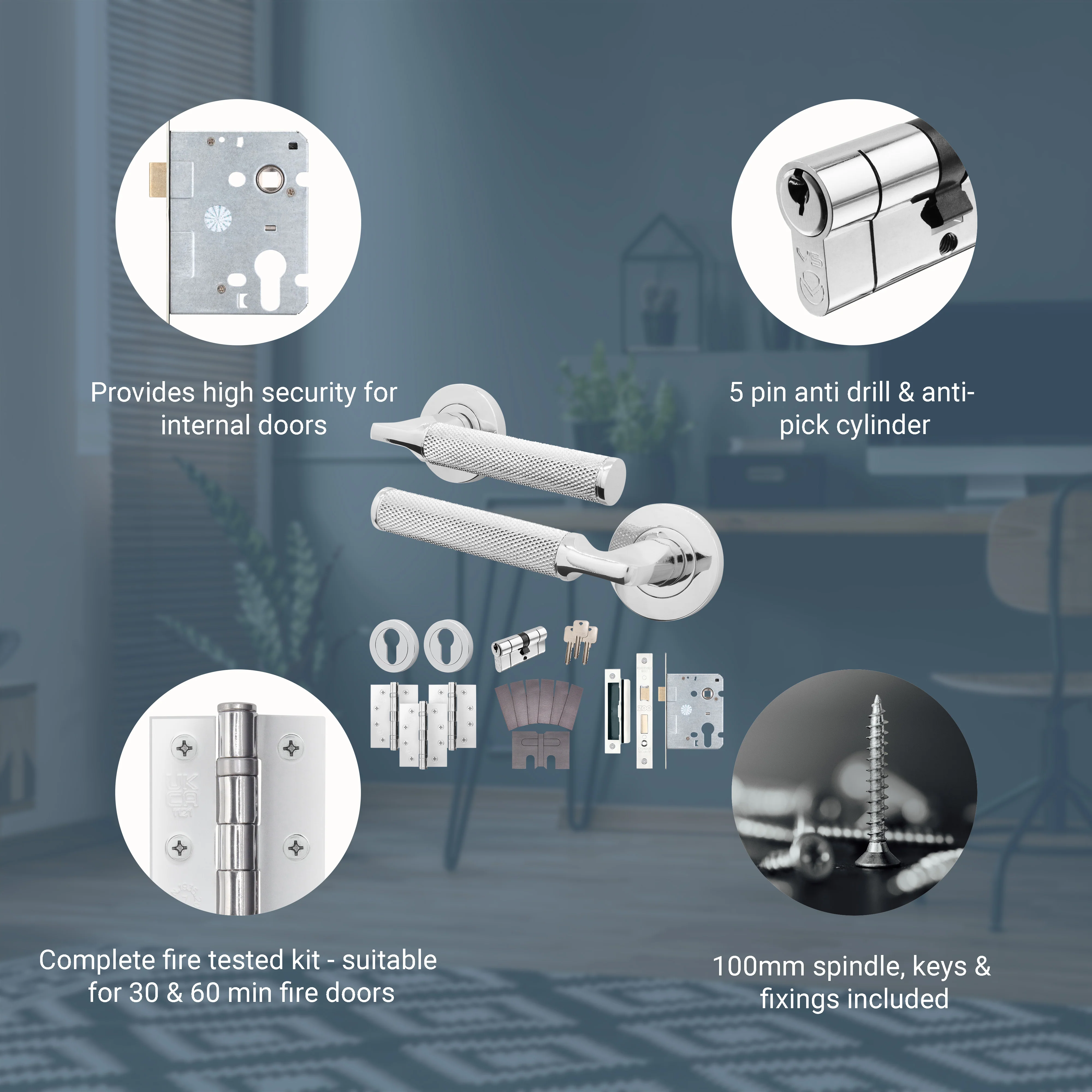 Mode-Grip Polished Chrome Lever on Rose Fire Door Handle Pack - Euro Lock & Cylinder - FD30/60 - Image 3