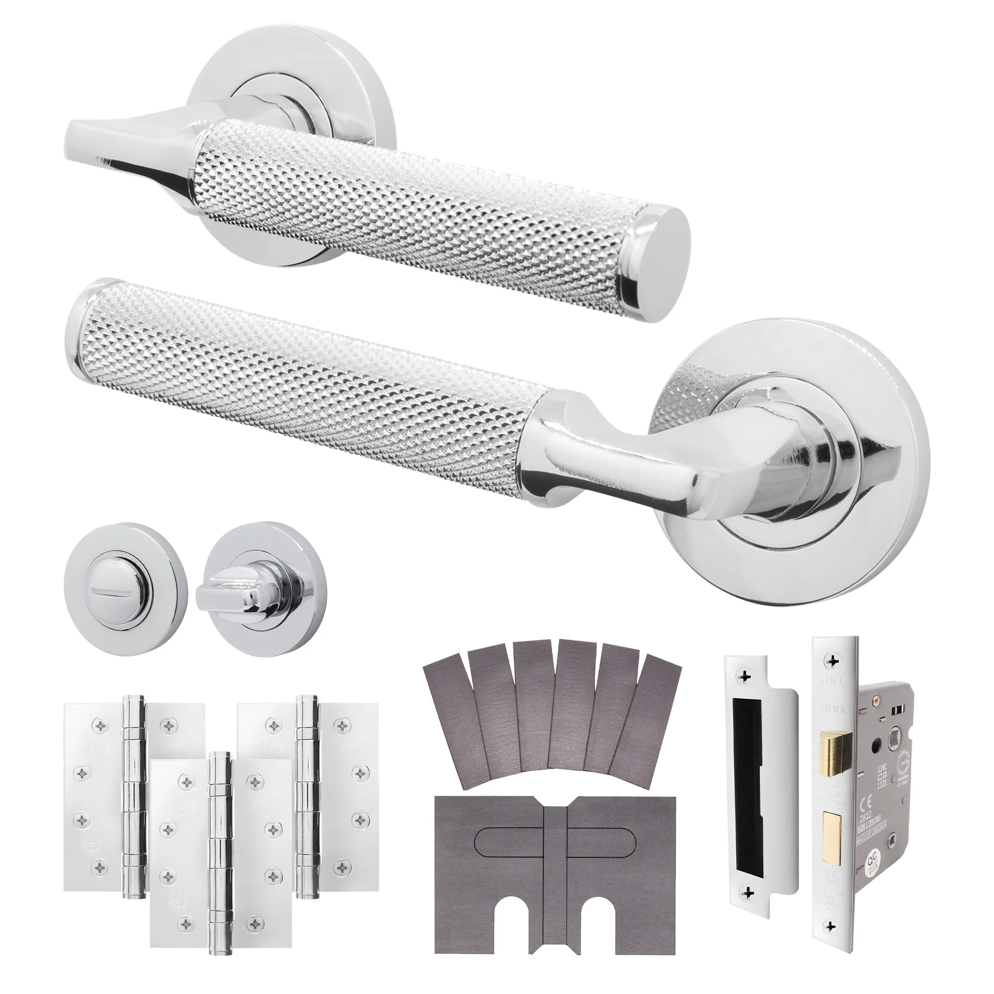 Mode-Grip Polished Chrome Lever on Rose Fire Door Handle Pack - Bathroom - FD30/60