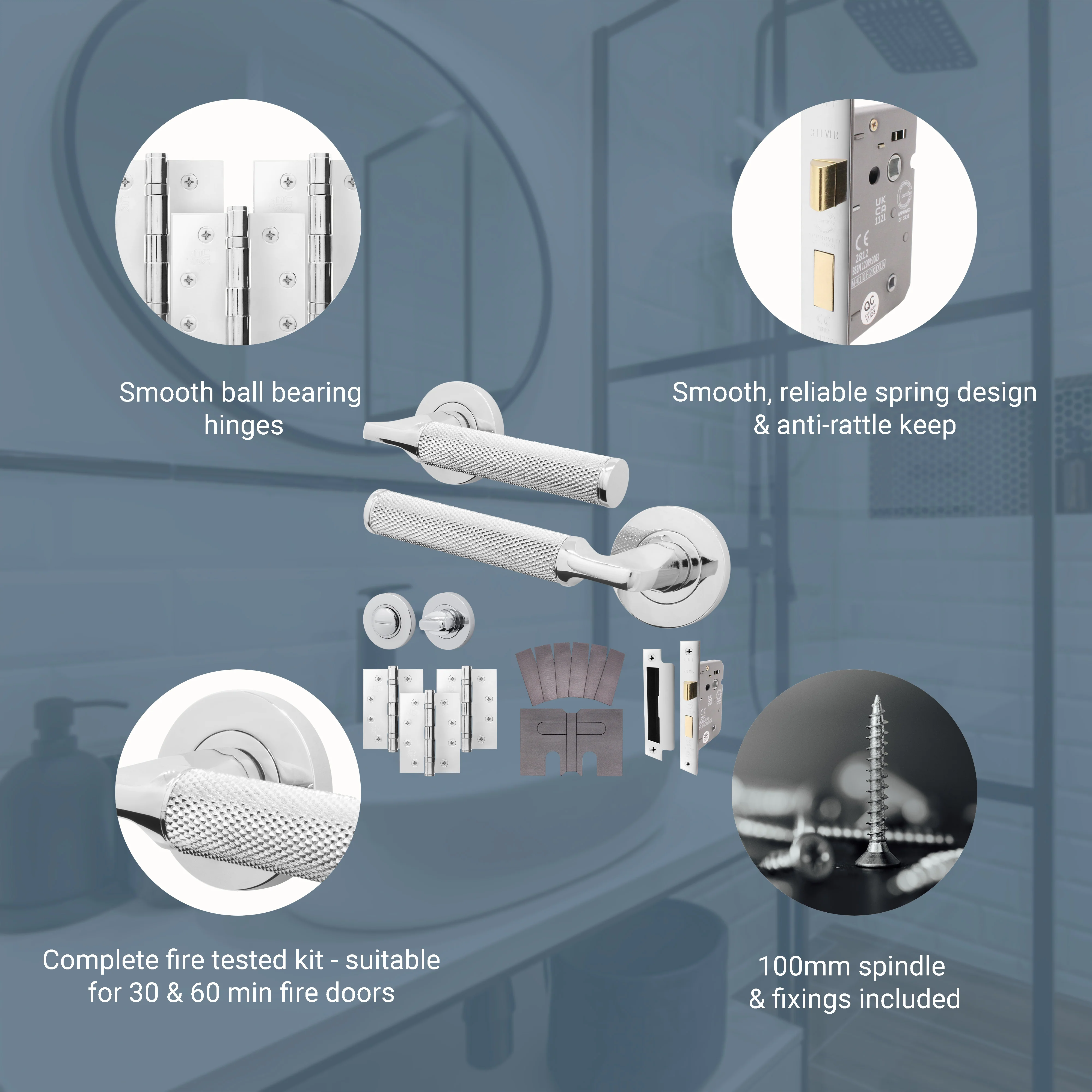 Mode-Grip Polished Chrome Lever on Rose Fire Door Handle Pack - Bathroom - FD30/60 - Image 3