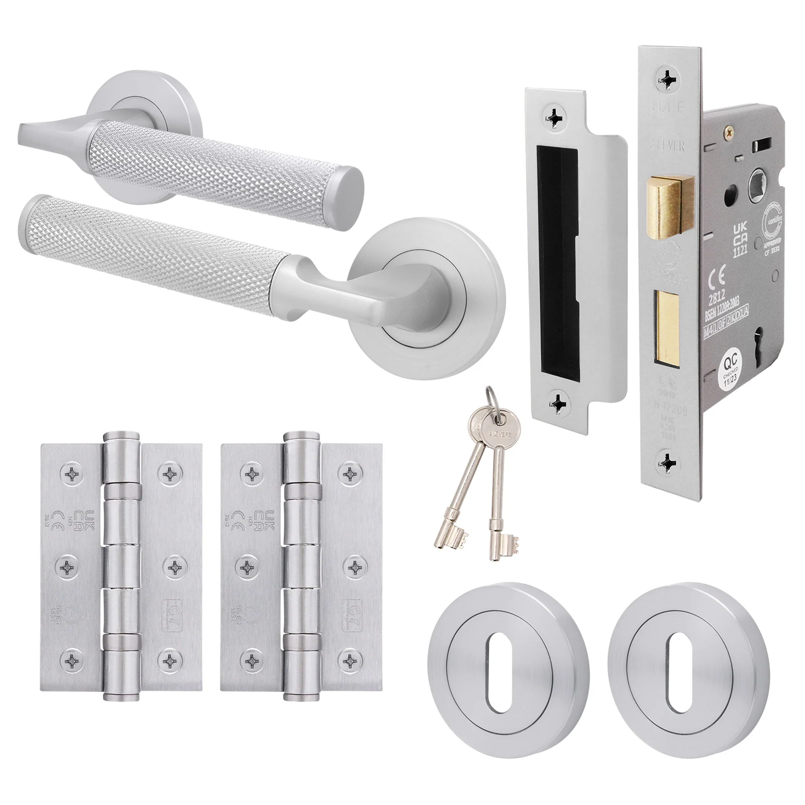 Mode-Grip Satin Chrome Lever on Rose Door Handle Pack - 3 Lever Lock