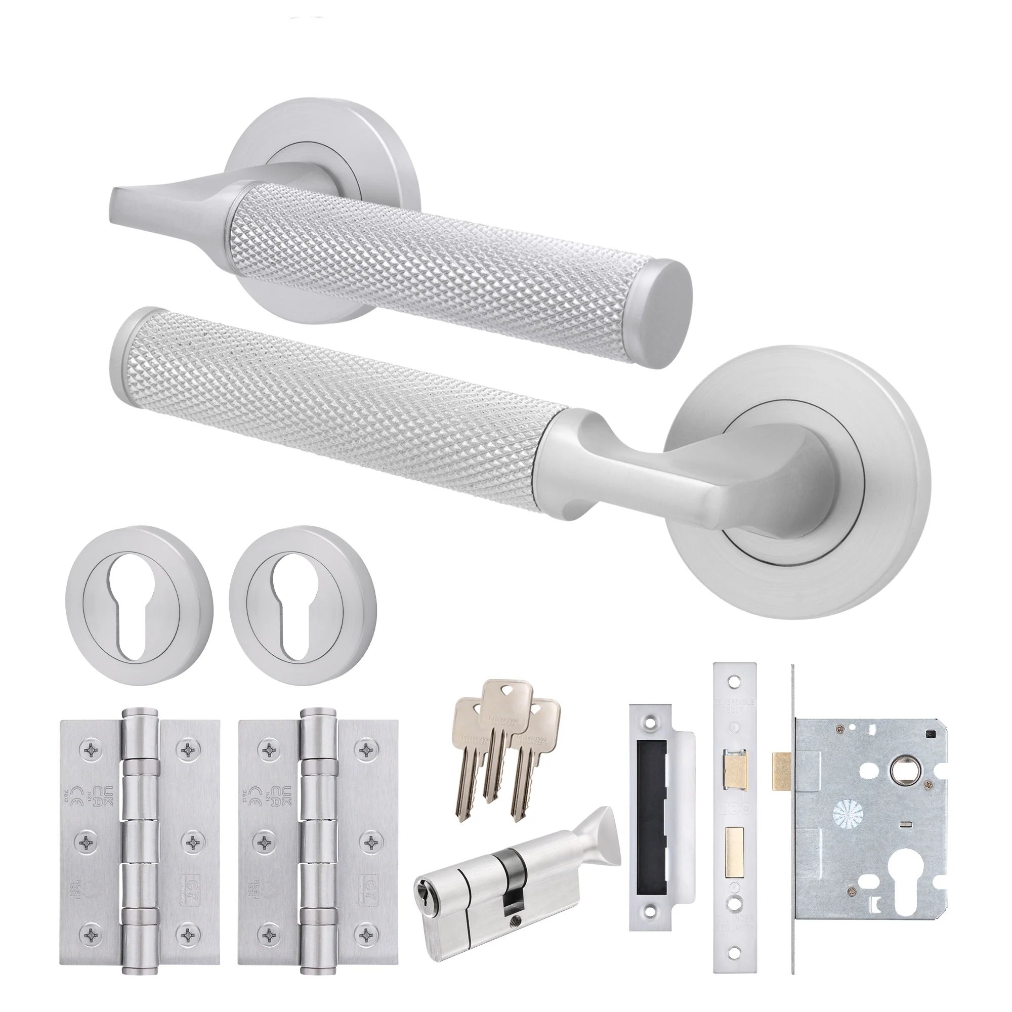 Mode-Grip Satin Chrome Lever on Rose Door Handle Pack - Euro Lock & Thumbturn Cylinder