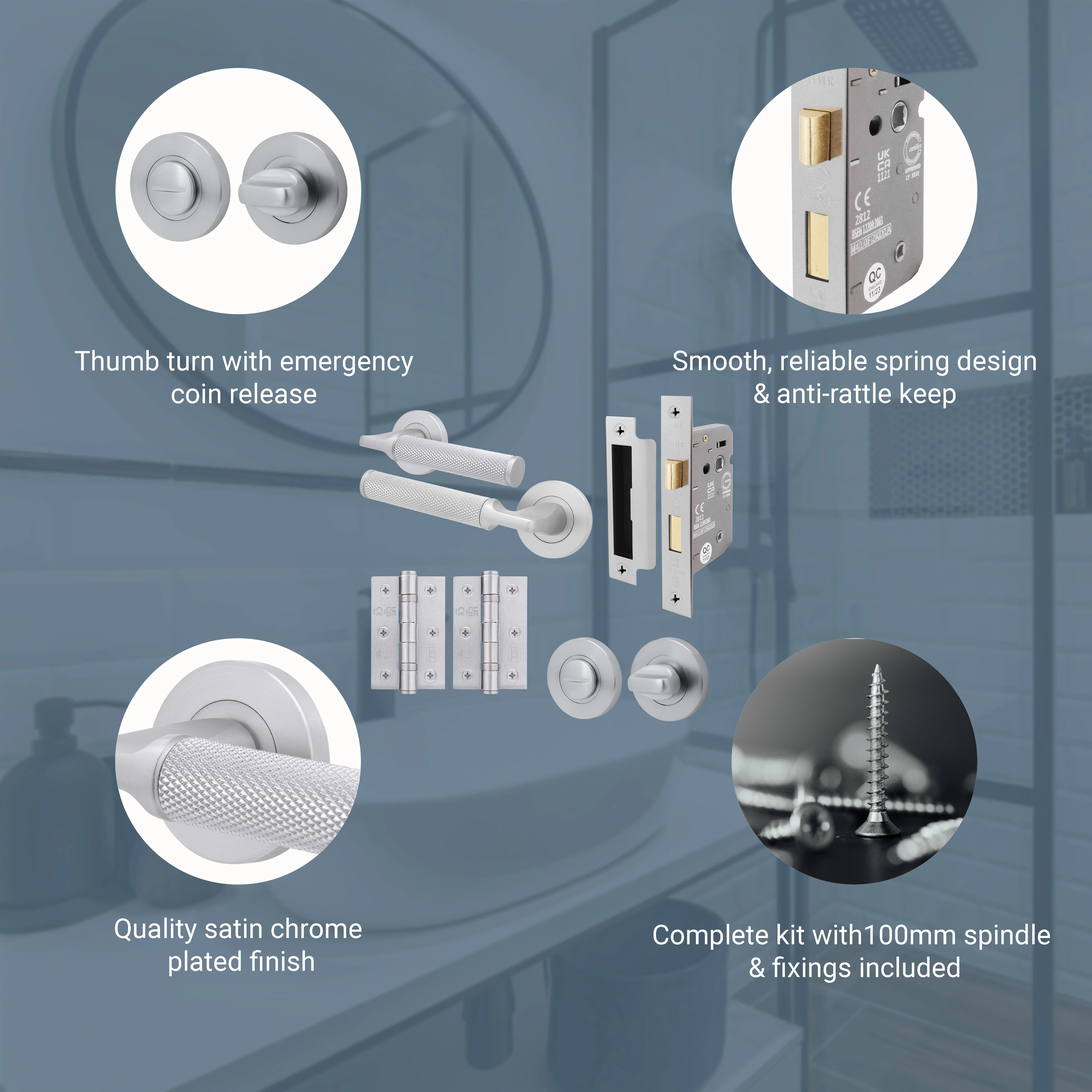 Mode-Grip Satin Chrome Lever on Rose Door Handle Pack - Bathroom - Image 3