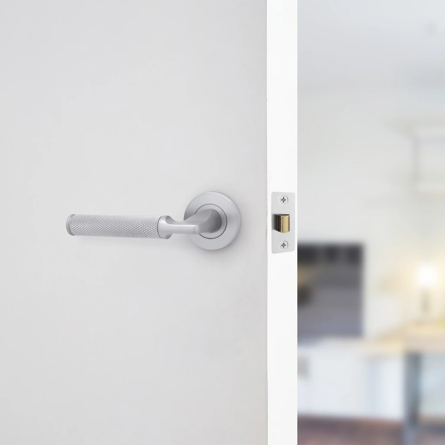 Mode-Grip Satin Chrome Lever on Rose Door Handle Pack - Latch - Image 6