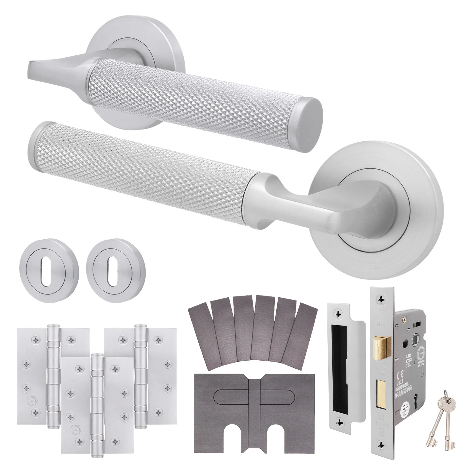 Mode-Grip Satin Chrome Lever on Rose Fire Door Handle Pack - 3 Lever Lock - FD30/60