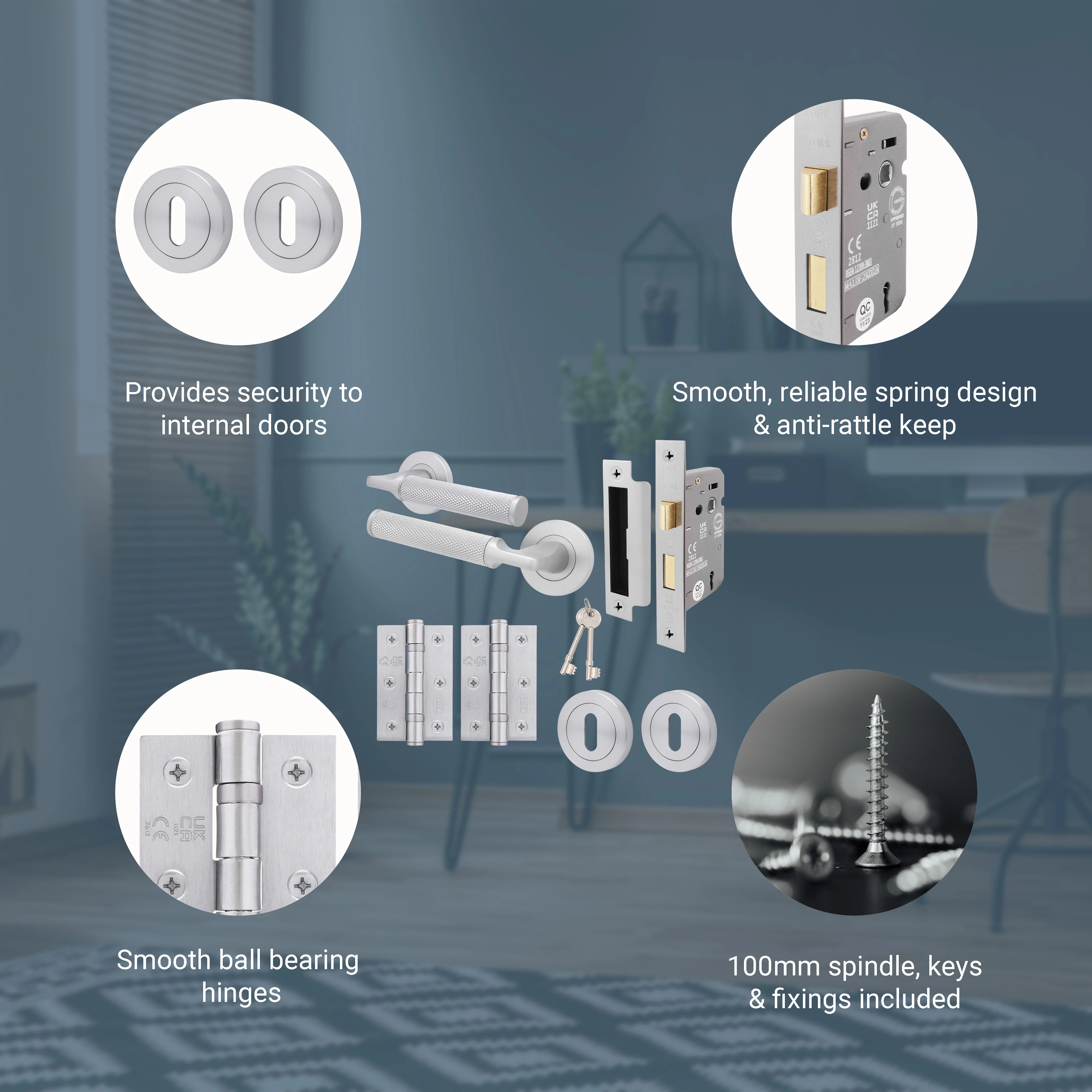 Mode-Grip Satin Chrome Lever on Rose Fire Door Handle Pack - 3 Lever Lock - FD30/60 - Image 3