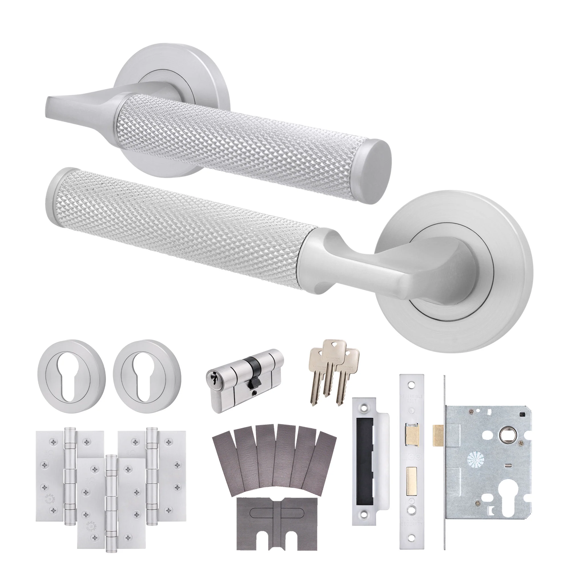 Mode-Grip Satin Chrome Lever on Rose Fire Door Handle Pack - Euro Lock & Cylinder - FD30/60