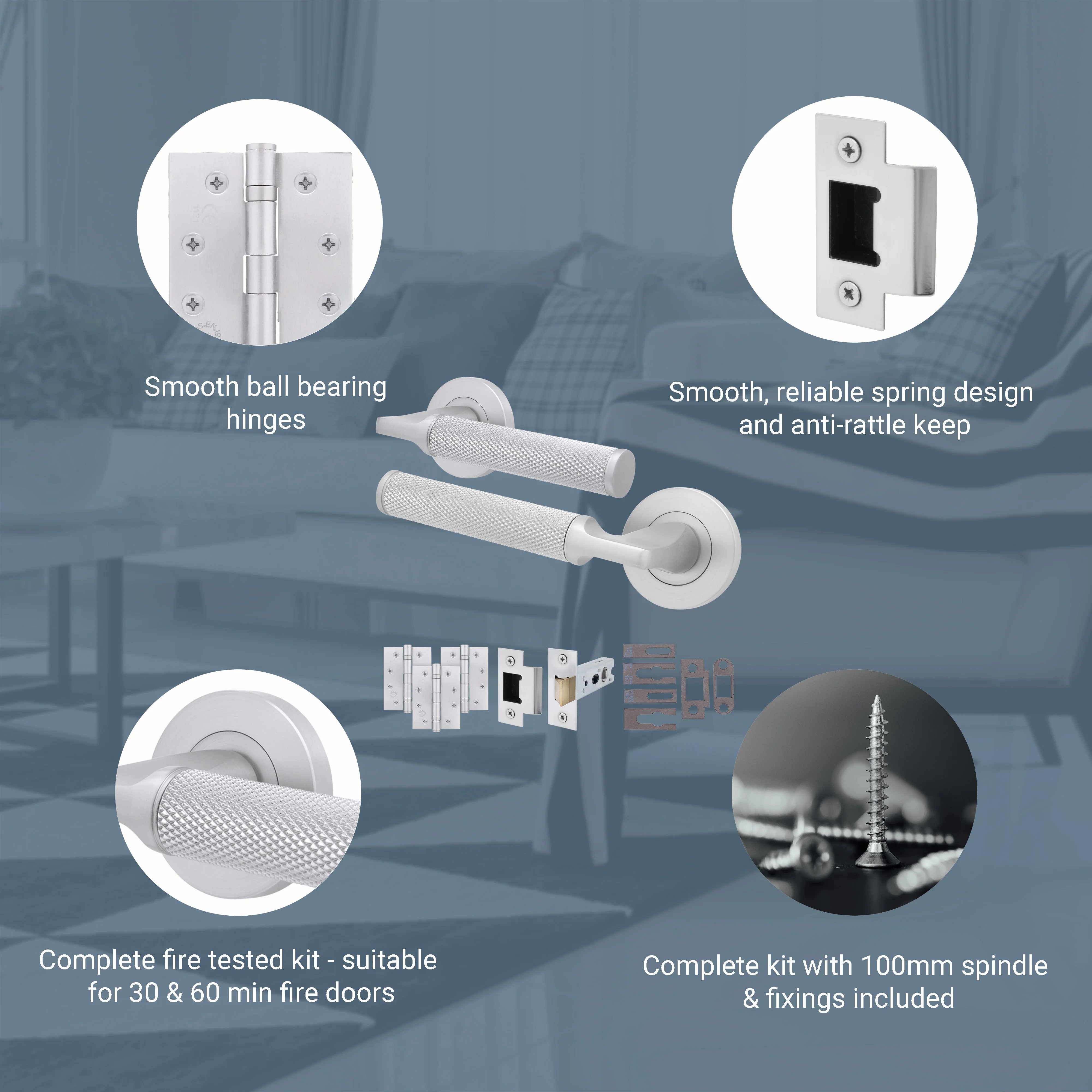 Mode-Grip Satin Chrome Lever on Rose Fire Door Handle Pack - Latch - FD30/60 - Image 3