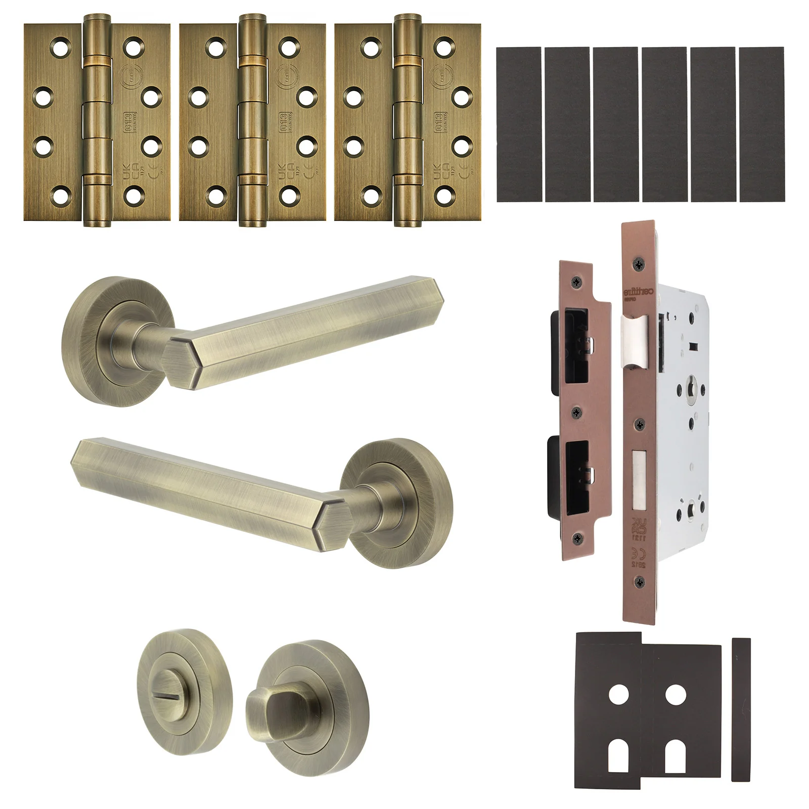 Moreno Antique Brass Lever on Rose Door Handle Kit - Heavy Duty FD30/60 - DIN Bathroom Lock