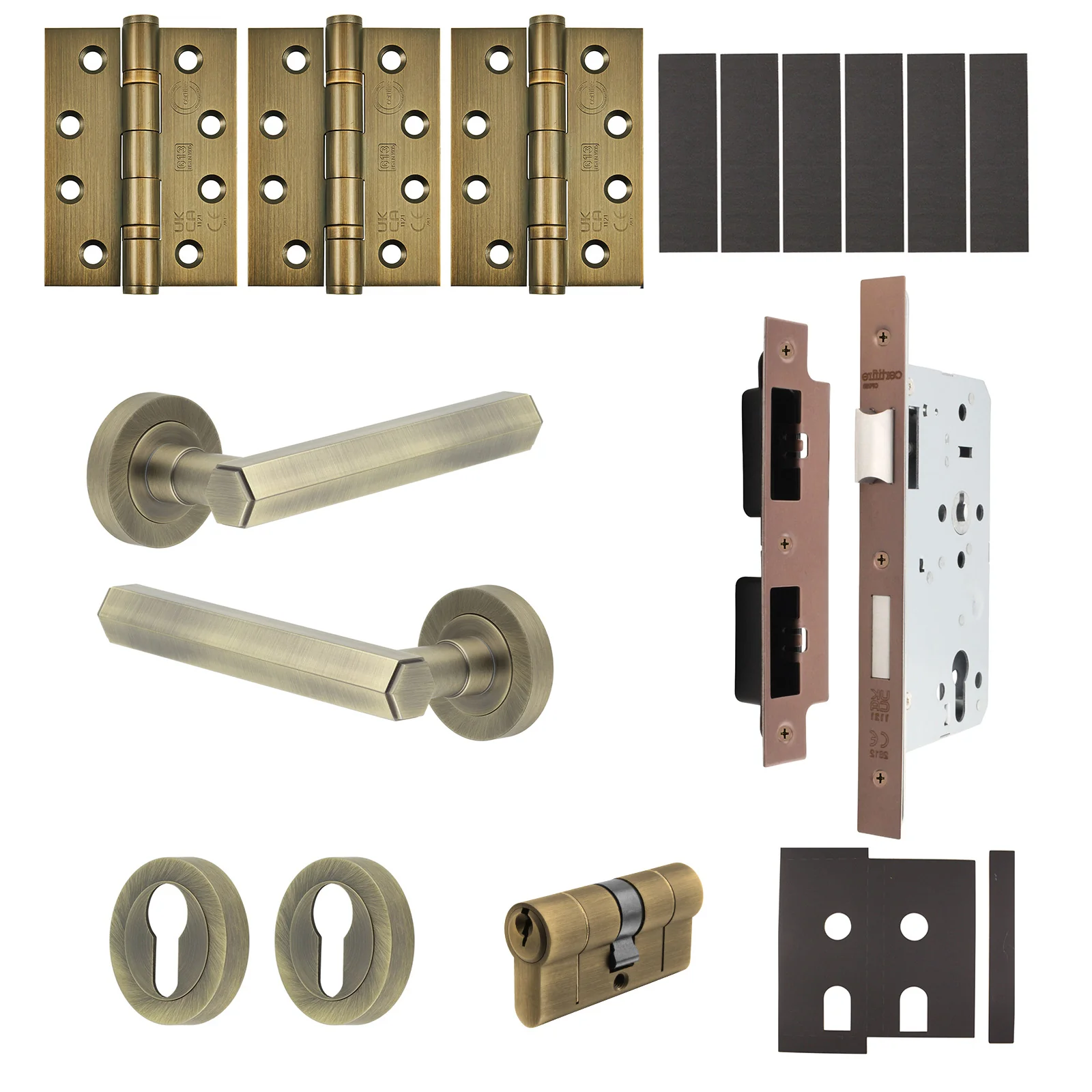 Moreno Antique Brass Lever on Rose Door Handle Kit - Heavy Duty FD30/60 - DIN Euro Sashlock and Double Cylinder - Master Keyed