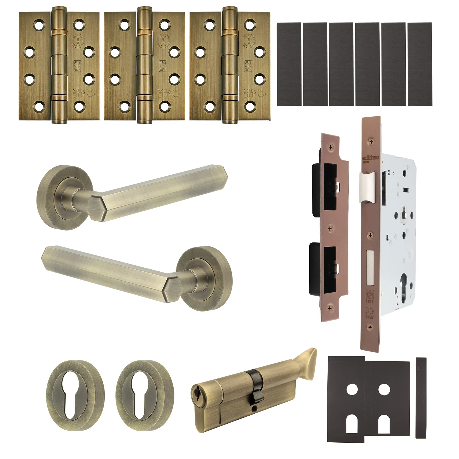 Moreno Antique Brass Lever on Rose Door Handle Kit - Heavy Duty FD30/60 - DIN Euro Sashlock and Thumbturn Cylinder - Keyed to Differ