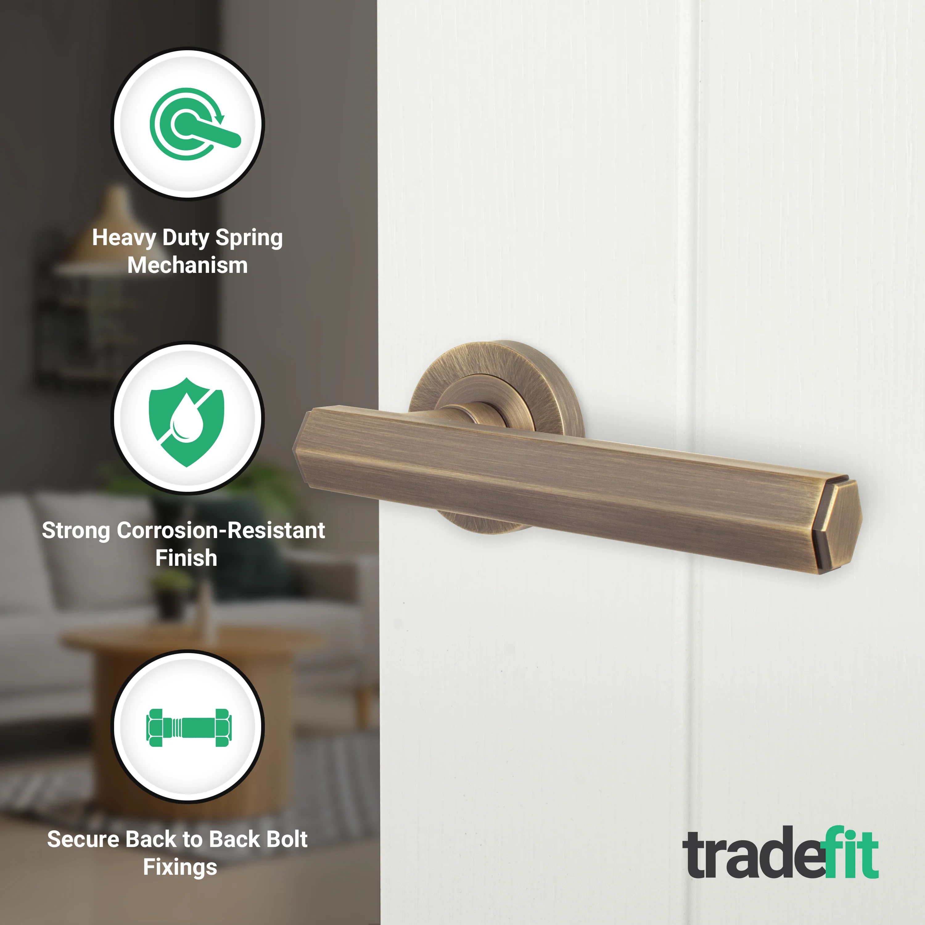 Moreno Antique Brass Lever on Rose Door Handle Kit - 64mm Latch - Image 2