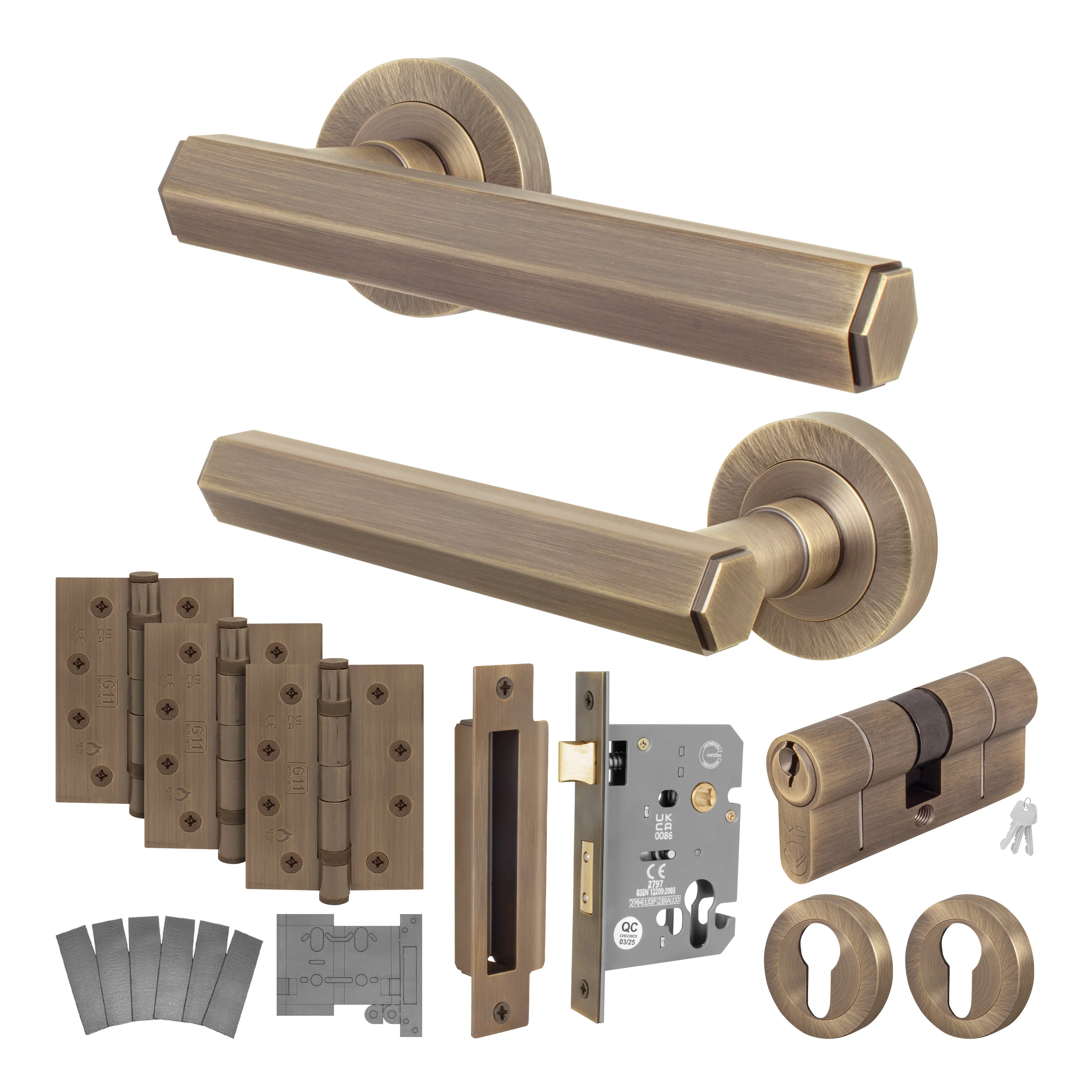 Moreno Antique Brass Lever on Rose Door Handle Kit - Medium Duty FD30/60 - 80mm Euro Sashlock and Double Cylinder - Keyed Alike