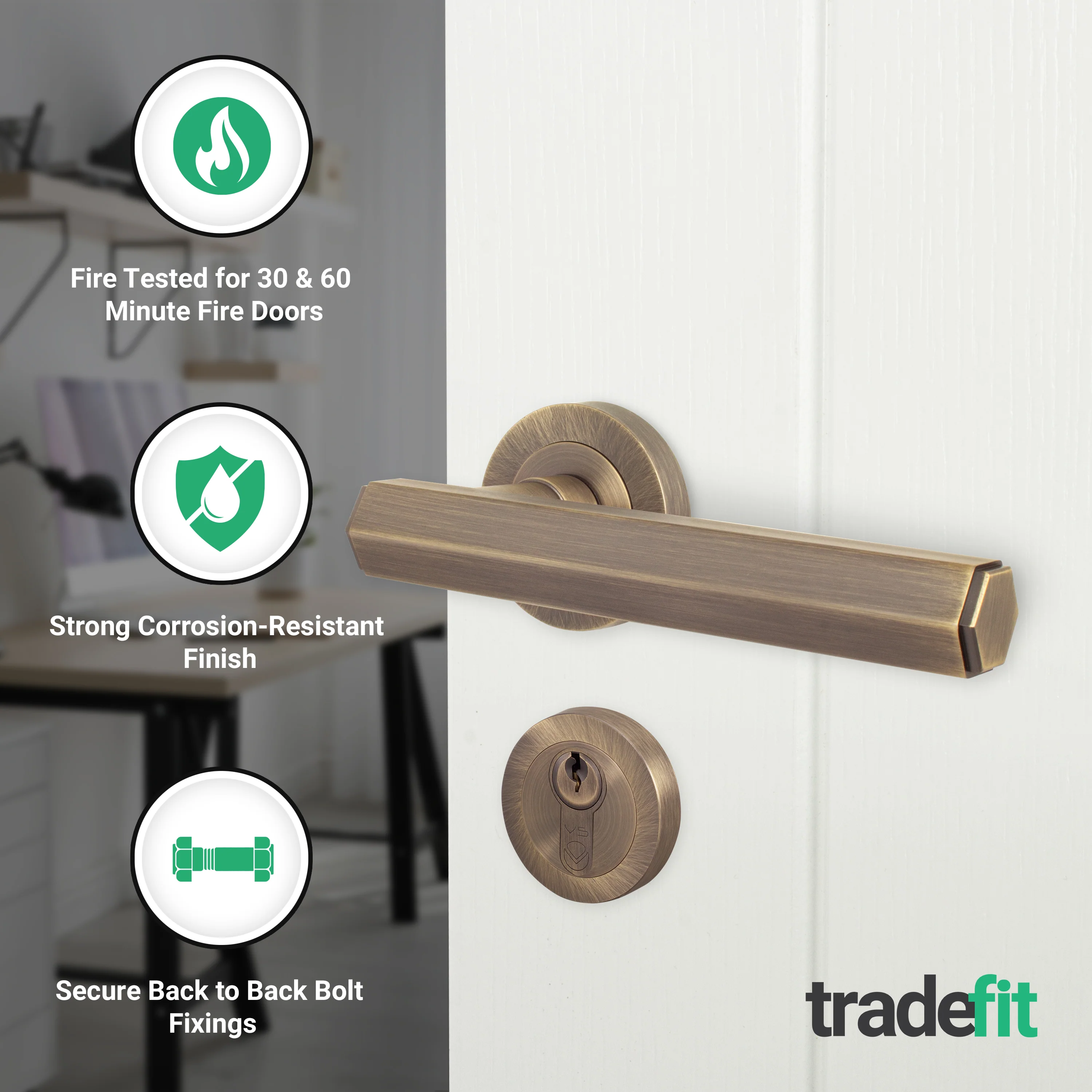 Moreno Antique Brass Lever on Rose Door Handle Kit - Medium Duty FD30/60 - 80mm Euro Sashlock and Double Cylinder - Keyed Alike - Image 2
