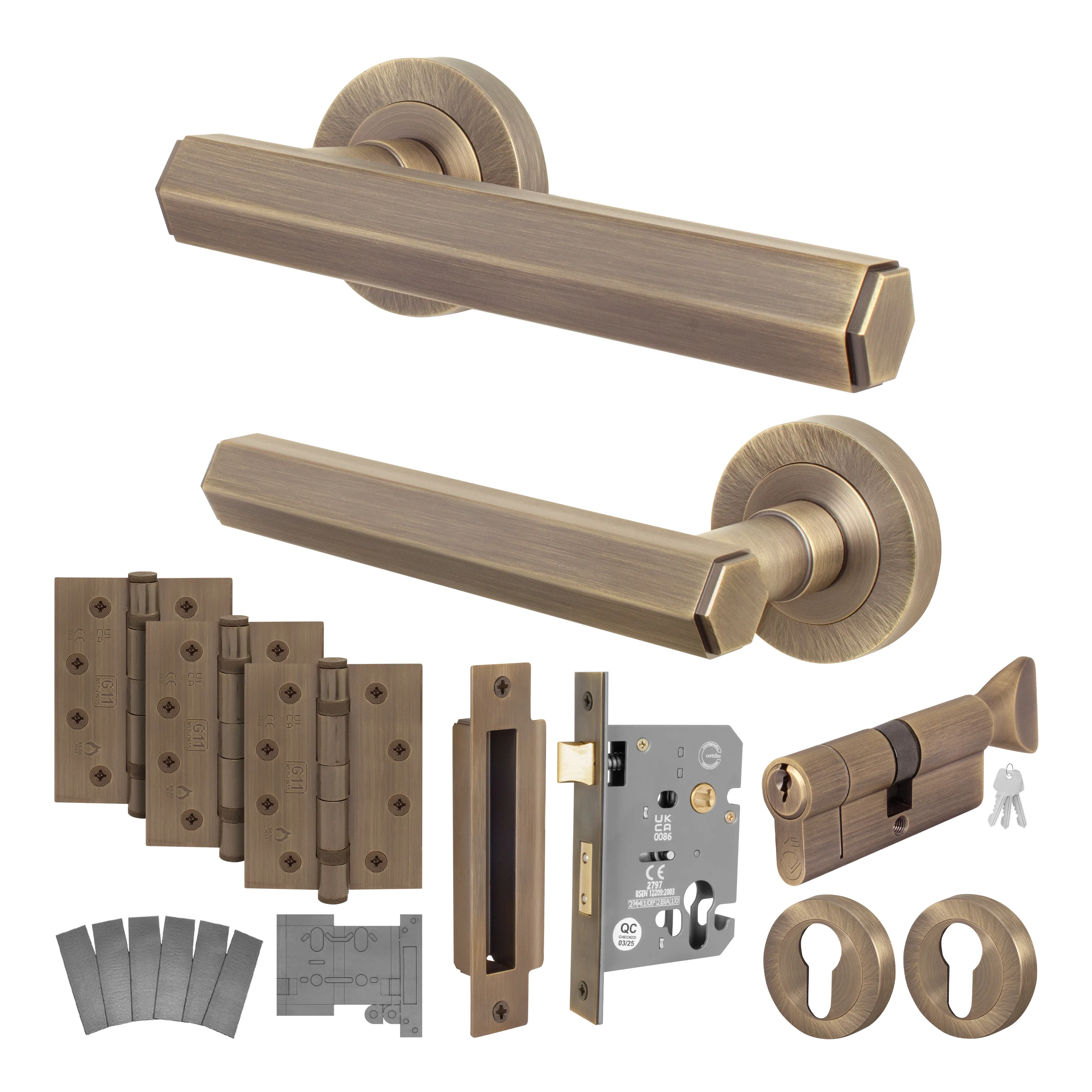 Moreno Antique Brass Lever on Rose Door Handle Kit - Medium Duty FD30/60 - 80mm Euro Sashlock and Thumbturn Cylinder - Master Keyed