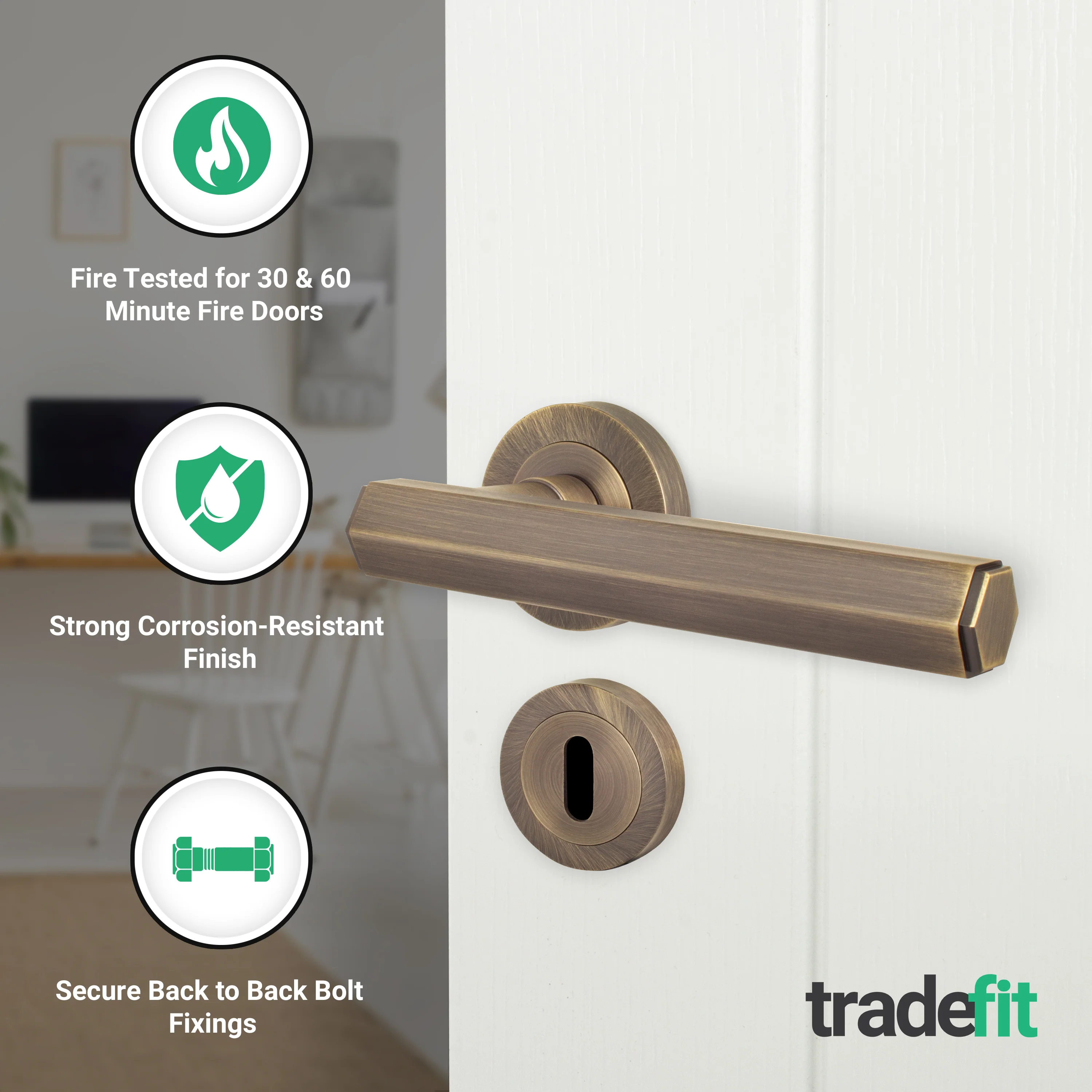 Moreno Antique Brass Lever on Rose Door Handle Kit - Medium Duty FD30/60 - 80mm Sashlock - Image 2