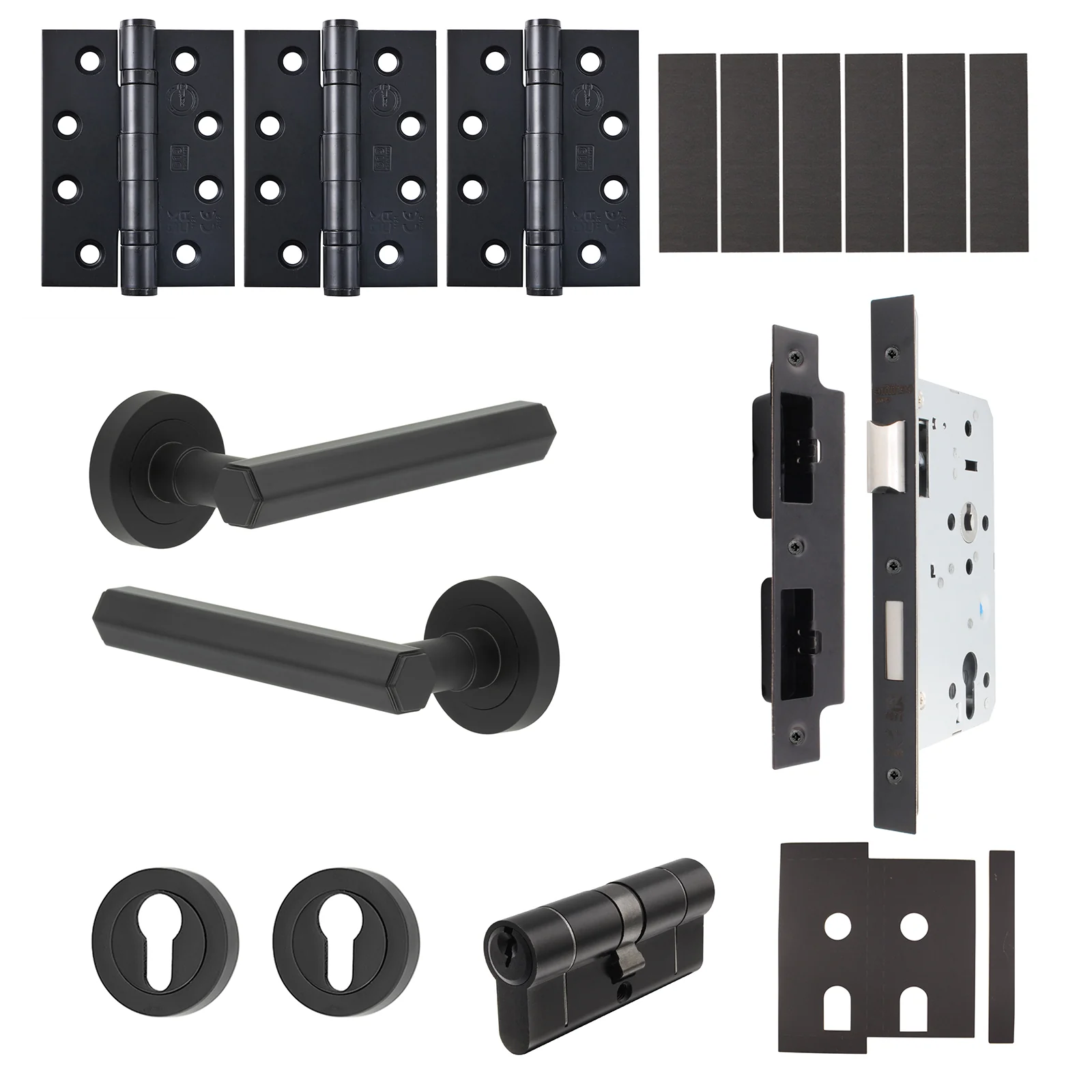 Moreno Matt Black Lever on Rose Door Handle Kit - Heavy Duty FD30/60 - DIN Euro Sashlock and Double Cylinder - Keyed Alike