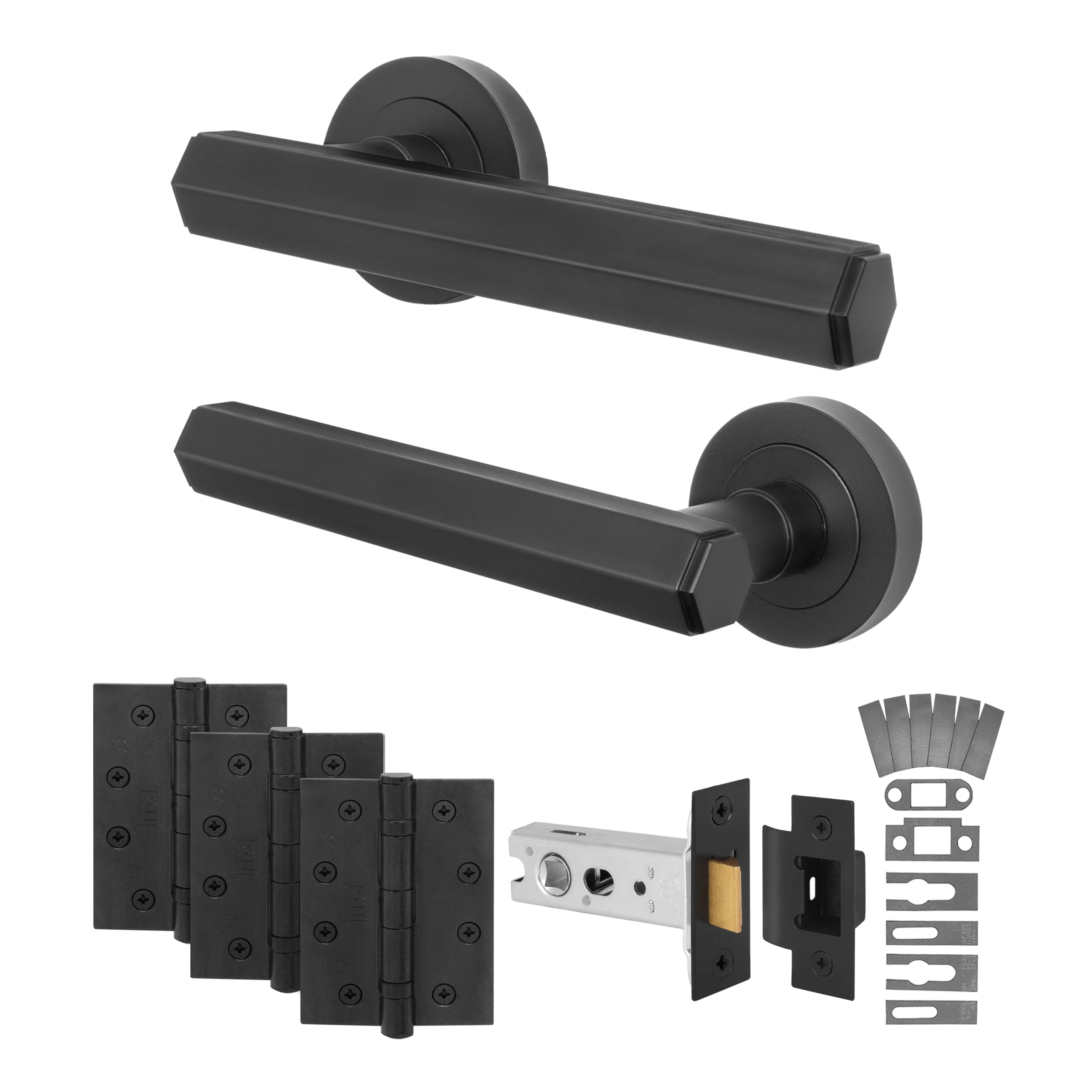 Moreno Matt Black Lever on Rose Door Handle Kit - Medium Duty FD30/60 - 76mm Latch