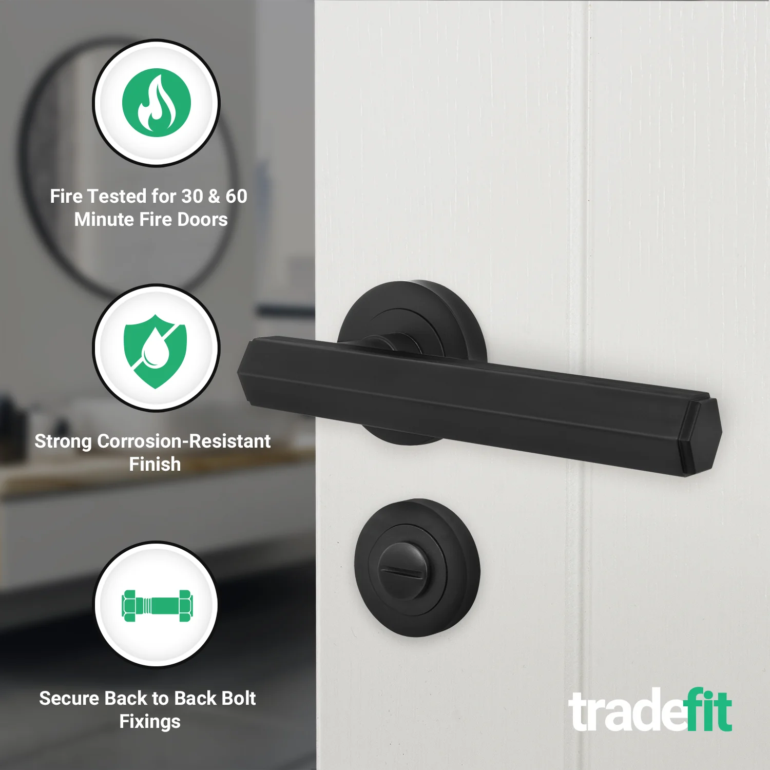 Moreno Matt Black Lever on Rose Door Handle Kit - Medium Duty FD30/60 - 80mm Bathroom Lock - Image 2