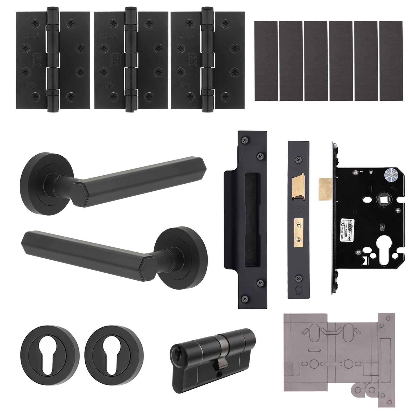 Moreno Matt Black Lever on Rose Door Handle Kit - Medium Duty FD30/60 - 80mm Euro Sashlock and Double Cylinder - Master Keyed