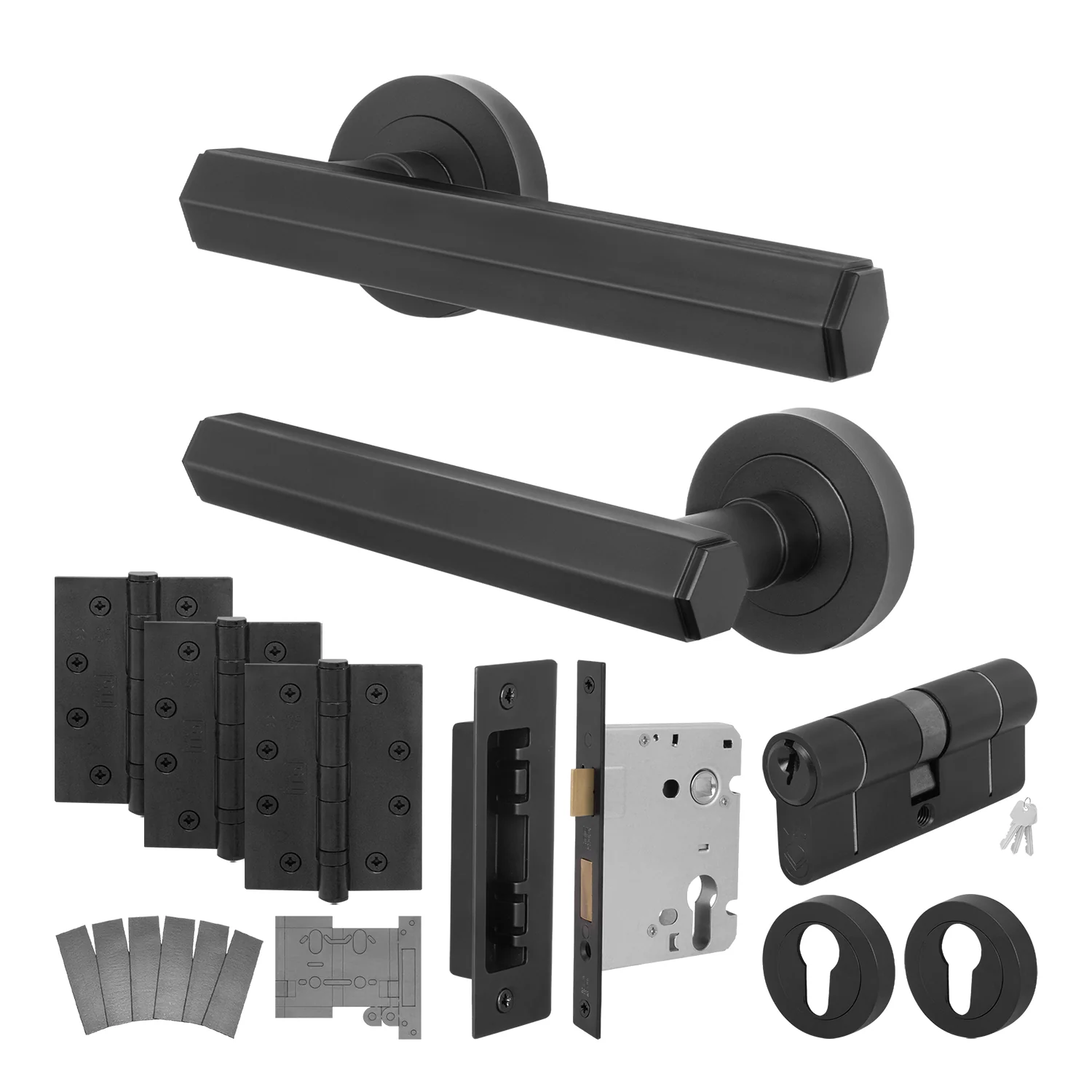 Moreno Matt Black Lever on Rose Door Handle Kit - Medium Duty FD30/60 - 80mm Euro Sashlock and Double Cylinder - Master Keyed - Image 2