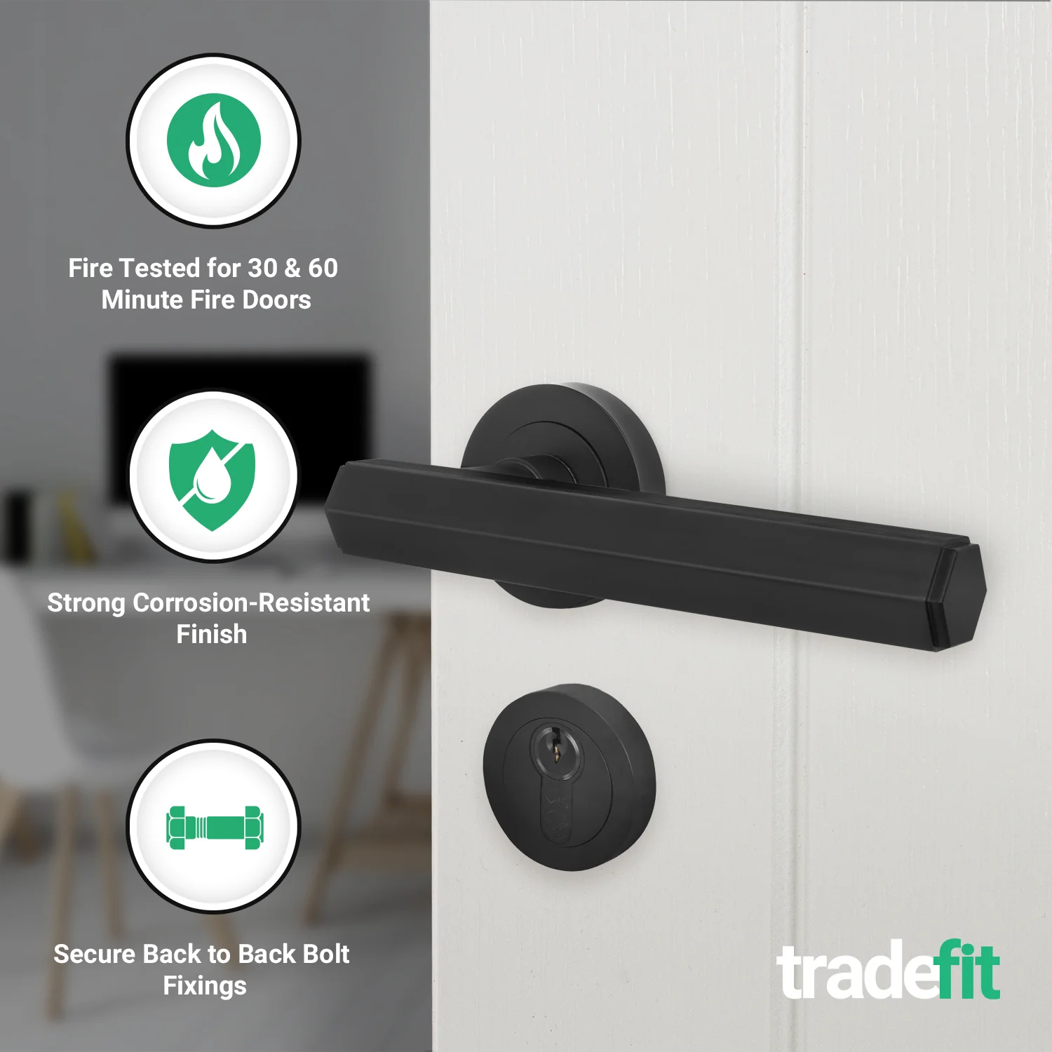 Moreno Matt Black Lever on Rose Door Handle Kit - Medium Duty FD30/60 - 80mm Euro Sashlock and Double Cylinder - Master Keyed - Image 3