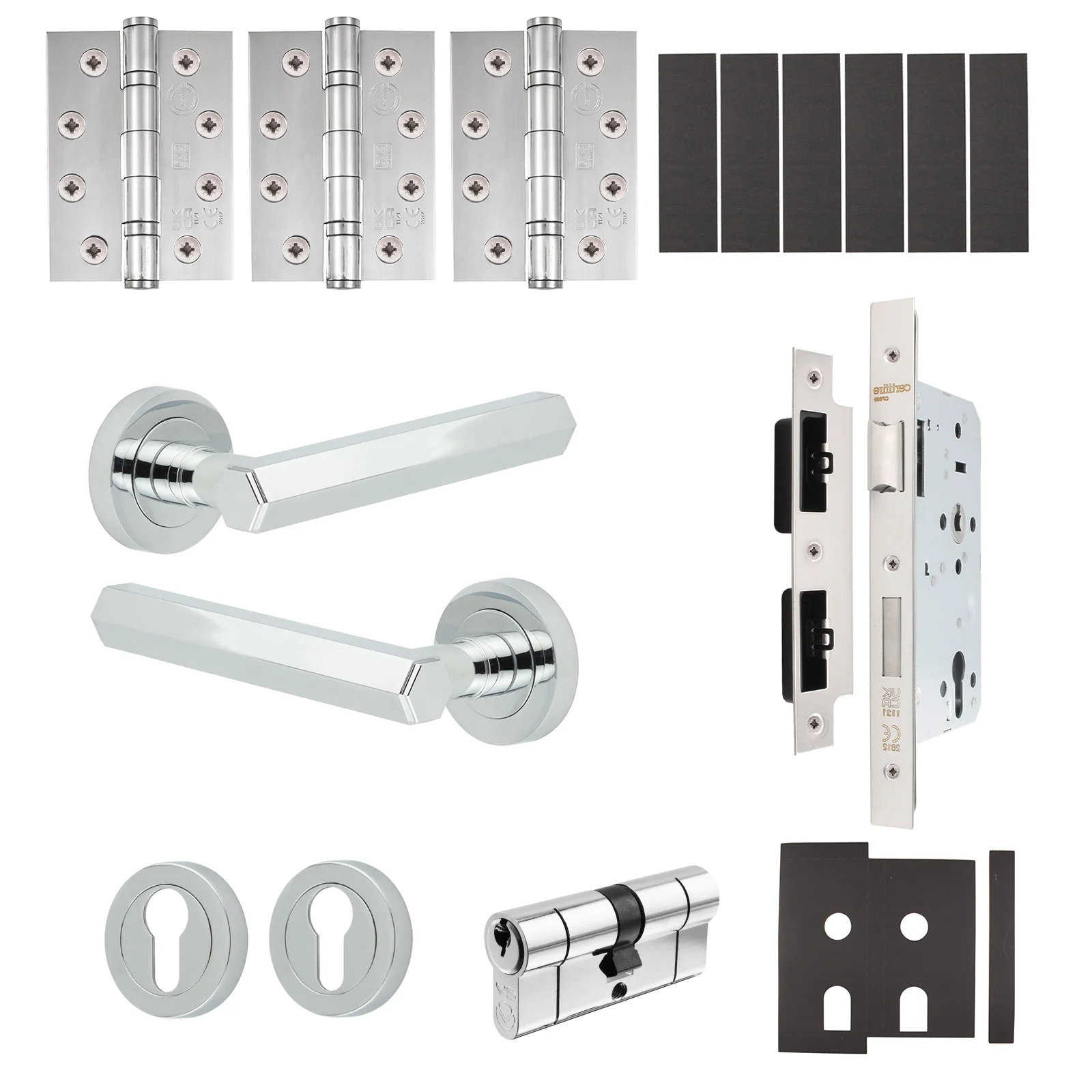 Moreno Polished Chrome Lever on Rose Door Handle Kit - Heavy Duty FD30/60 - DIN Euro Sashlock and Double Cylinder - Keyed Alike