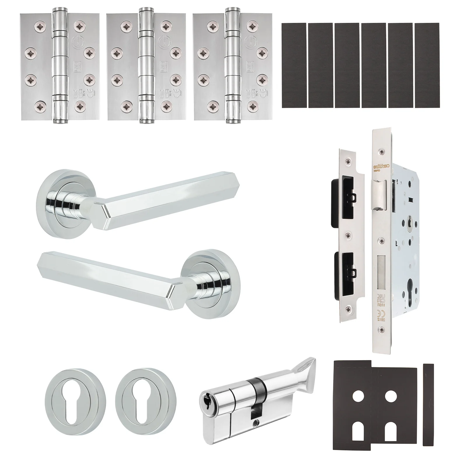 Moreno Polished Chrome Lever on Rose Door Handle Kit - Heavy Duty FD30/60 - DIN Euro Sashlock and Thumbturn Cylinder - Master Keyed
