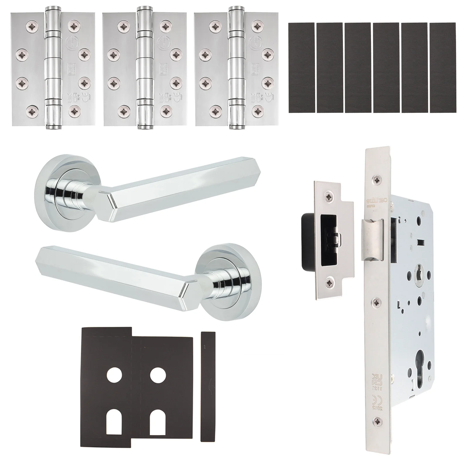 Moreno Polished Chrome Lever on Rose Door Handle Kit - Heavy Duty FD30/60 - DIN Latch